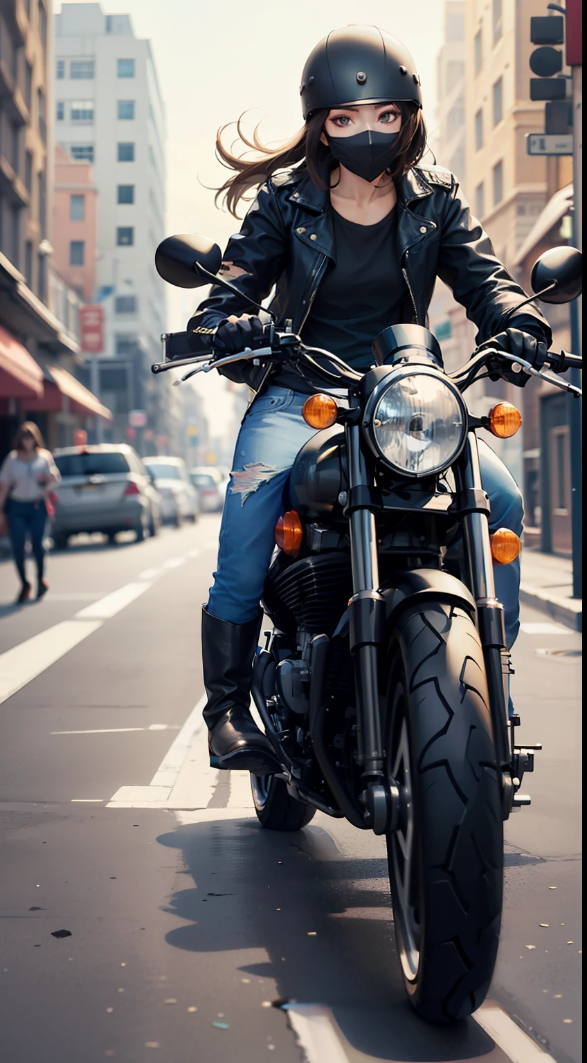 Masterpiece,best quality,(Highest picture quality), (Master's work), (ultra-detailed), {top quality}, 1lady, dark blue-colored long straight hair, black rider jacket, white T-shirt, Torn denim jeans, black boots, Black helmet, on the street,ridding Motorcycle, Hang-On,,