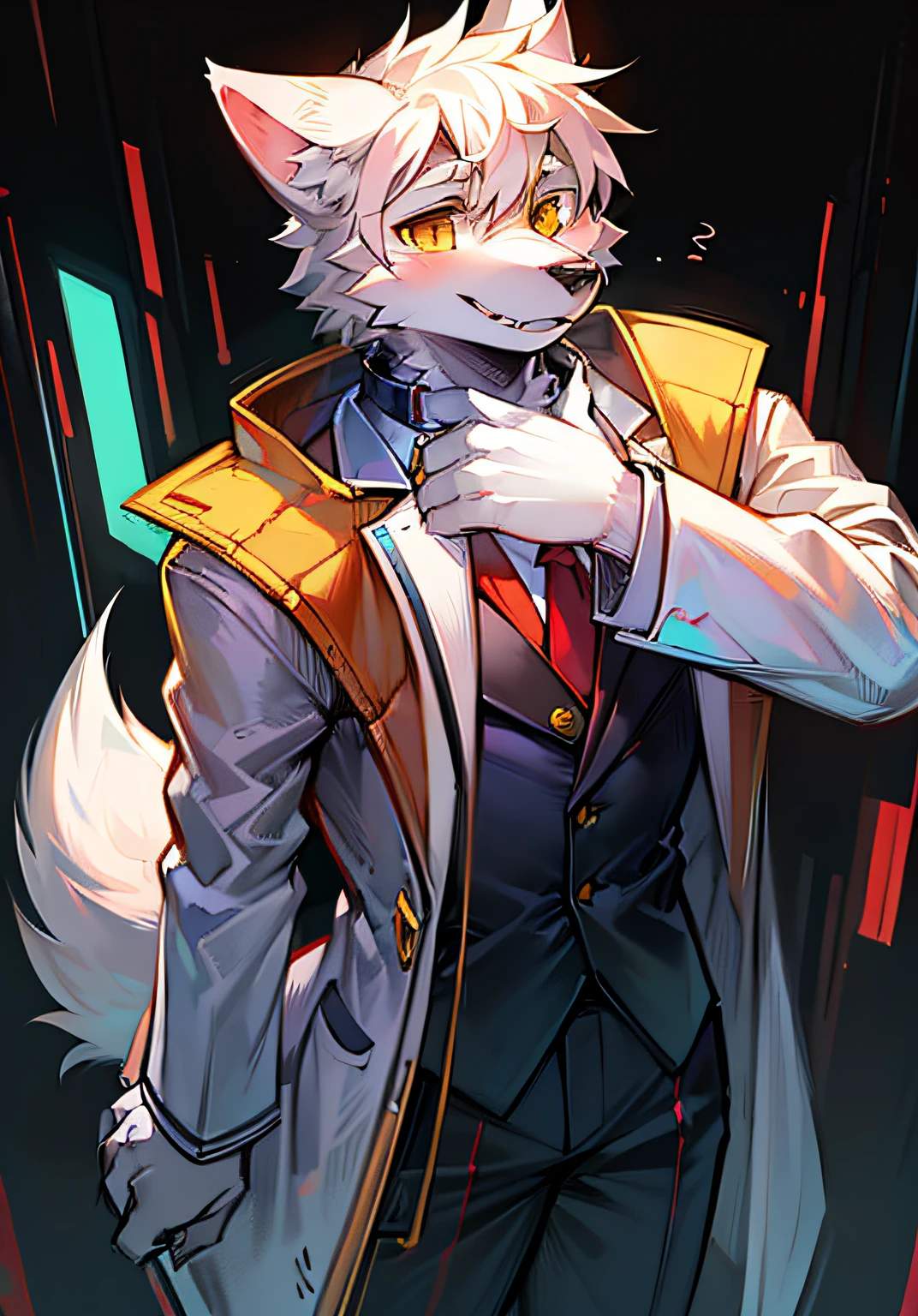 Future World, Cyberpunk, Mechaf, Full Body, Teenage Wolf, Characters, Masterpiece, Furry Tail, Highest Quality, 8K, Full HD Background, Cartoon, Cute, Doctor Costume, White Coat, Kemono, Male, Plush Fur, Furry, White Fur, White Body, White Ears, Orange-Yellow Eyes, Single, Wolf Tail, Wolf Ears, (((Bust Portrait)), Soft Lines, Soft Clothing Lines