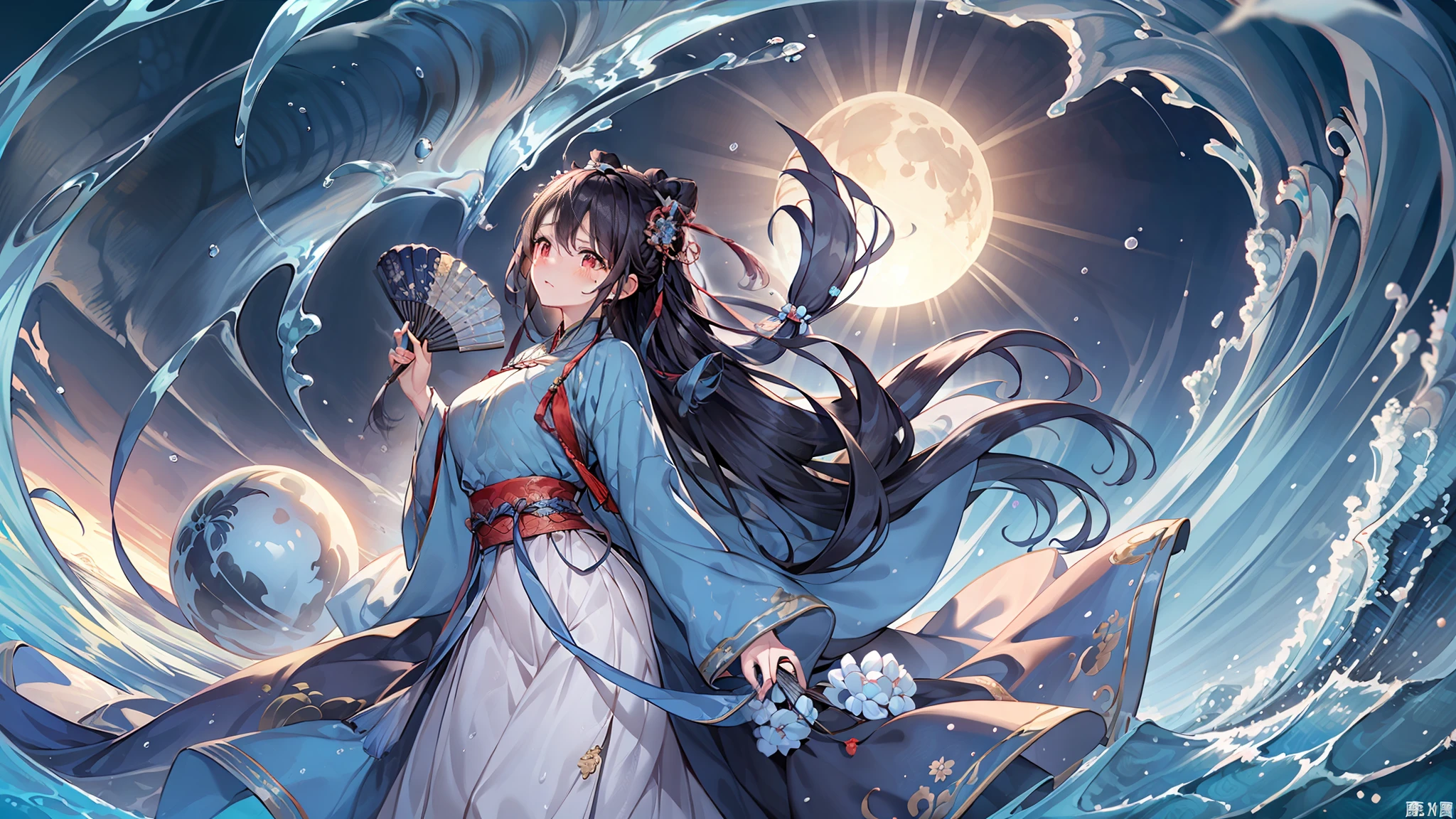 High quality, high precision, extreme detail, 8k, Panoramic view, there is a huge round moon in the sky, a maiden, full body, hanfu, mingstyle, long black hair, beautiful face, blush, in line with human female eyes, tears in the corners of the eyes, white long skirt, holding a ball fan in one hand, pulling the skirt corner with the other, standing sideways in a pool of water, water, waves, looking up at the sky, bright colors, cinematic light effects