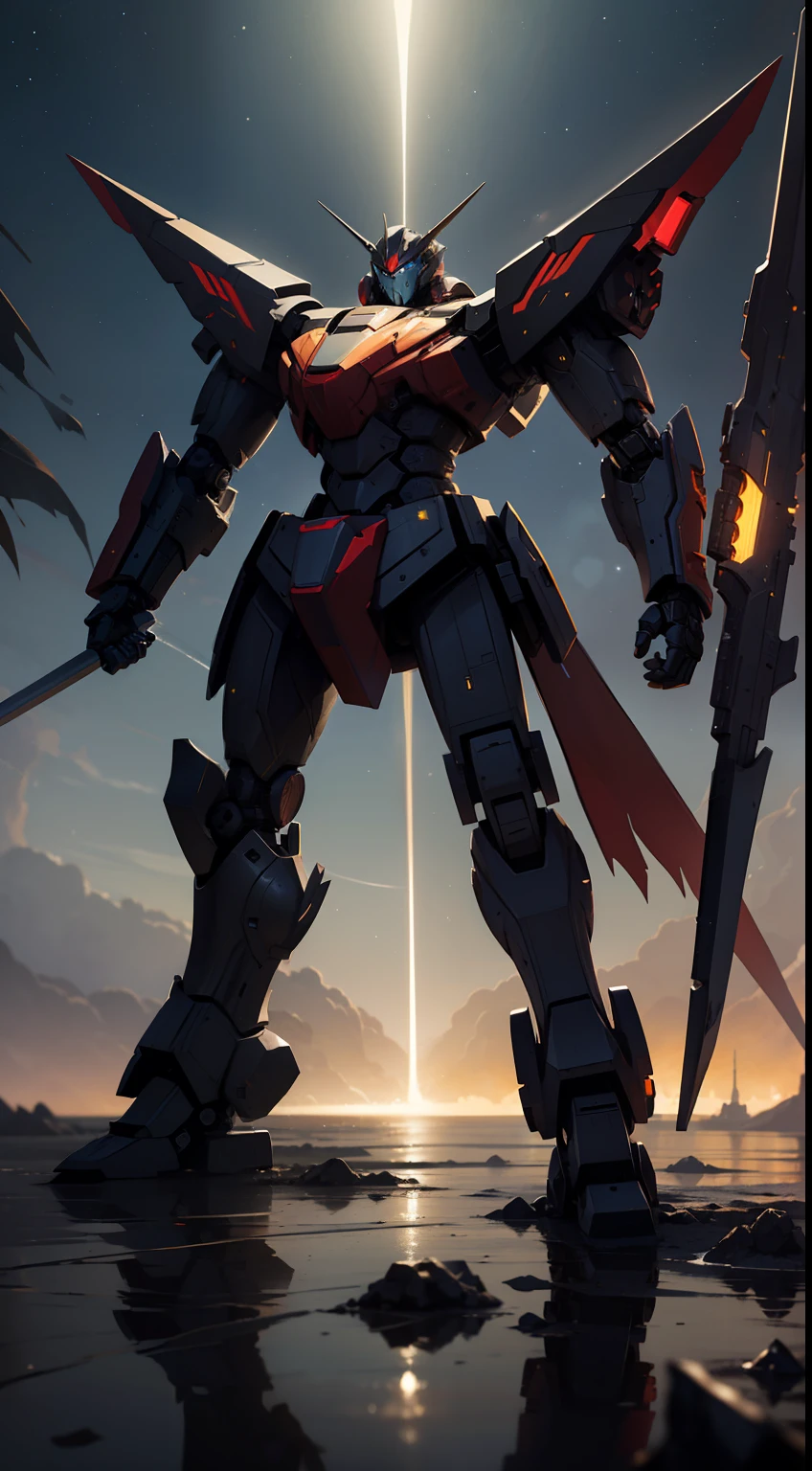 masterpiece, best quality, 8k, fantasy, robot giant, mecha style, black gold, ultra detailed, ambient light, volumetric lighting, (dark night:1.4) galaxy, reflection of light, reflective lighting, sharp focus, battle pose, legendary armor, megastructure, engine, mechanical (intricated detail:0.7), full body shot,