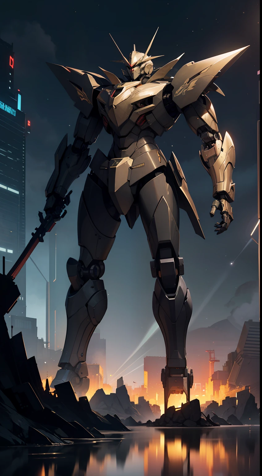masterpiece, best quality, 8k, fantasy, robot giant, mecha style, black gold, ultra detailed, ambient light, volumetric lighting, (dark night:1.4) galaxy, reflection of light, reflective lighting, sharp focus, battle pose, legendary armor, megastructure, engine, mechanical (intricated detail:0.7), full body shot,