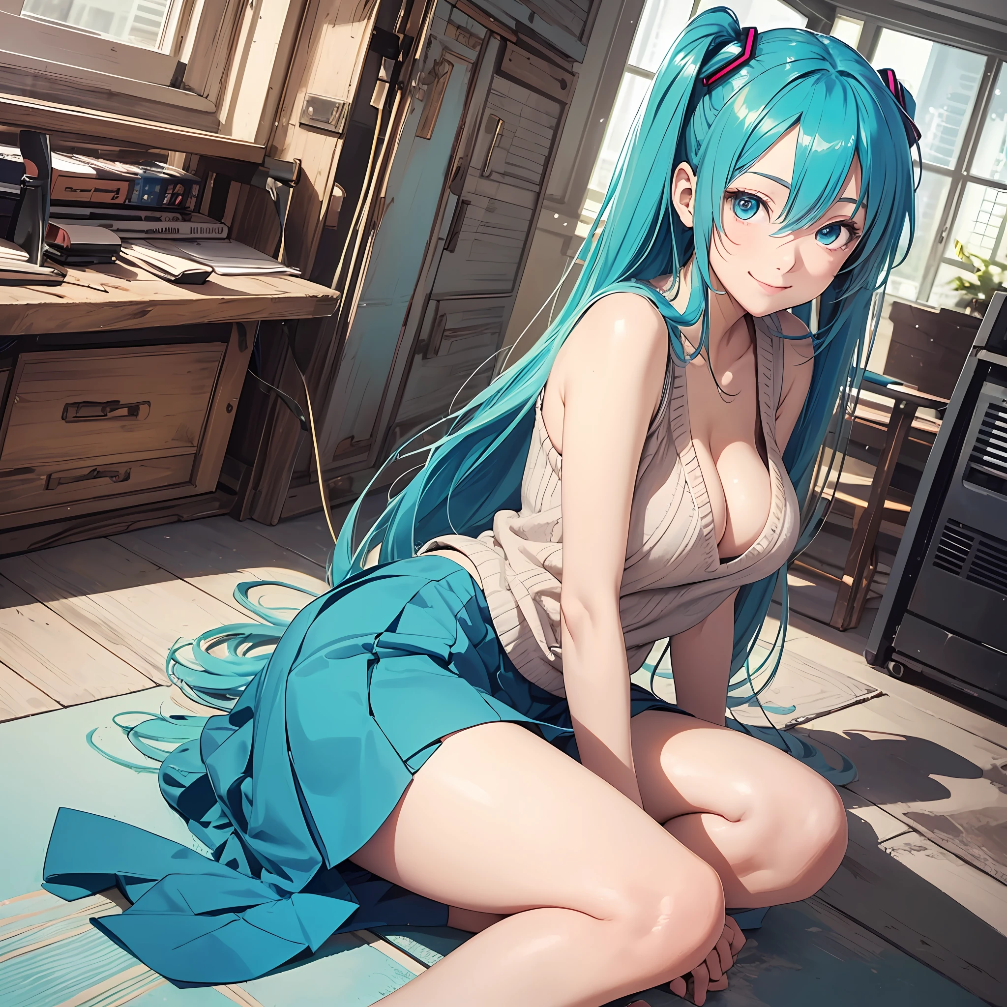 1 person, solo, (full body), photorealistic, super fine illustration, beautiful charming anime girl, super detailed, smile, beautiful blue eyes, beautiful proportions, Hatsune Miku, slender, gentle expression, seductive anime girl, in the room, cleavage visible sweater, flared skirt, face down,