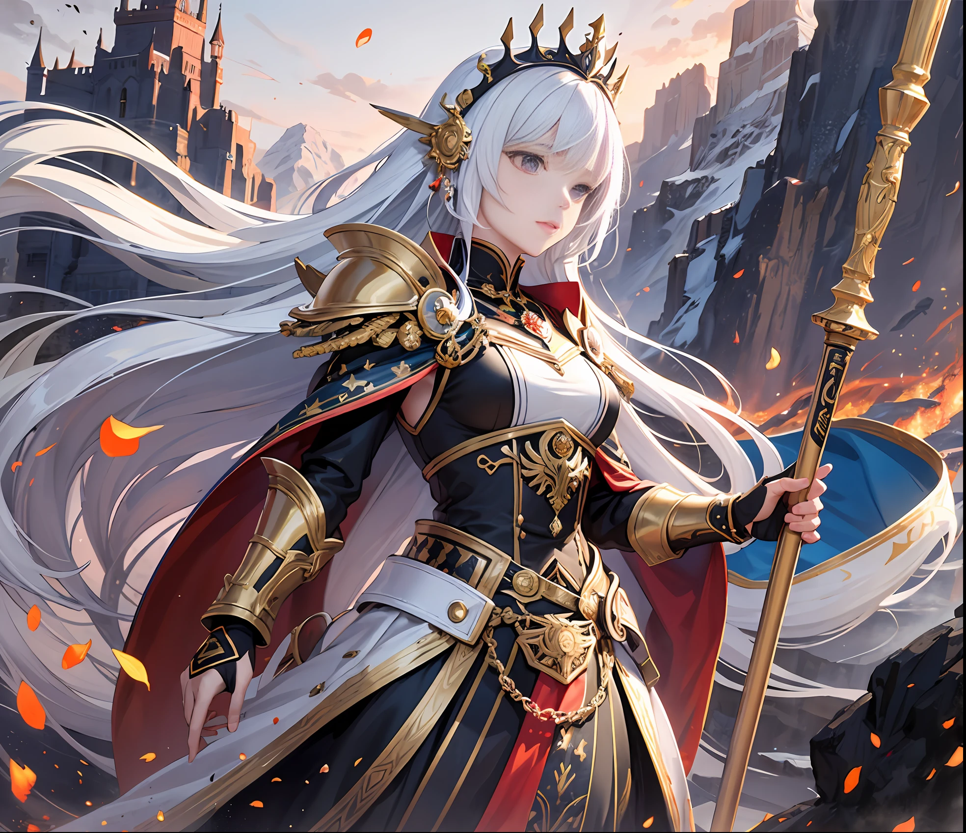 Game standing painting, half-body, a queen behind a long pole military flag, silver long straight hair, elegant majesty, white knight armor, black pattern, metal ornaments, jewel crown, ((the pattern of the long pole military flag is red swirl)), the background is a distant mountain ice castle in the ice wind, HD details, light and shadow enhancement, particle special effects, 8k, dazzling flat paint, battle stance