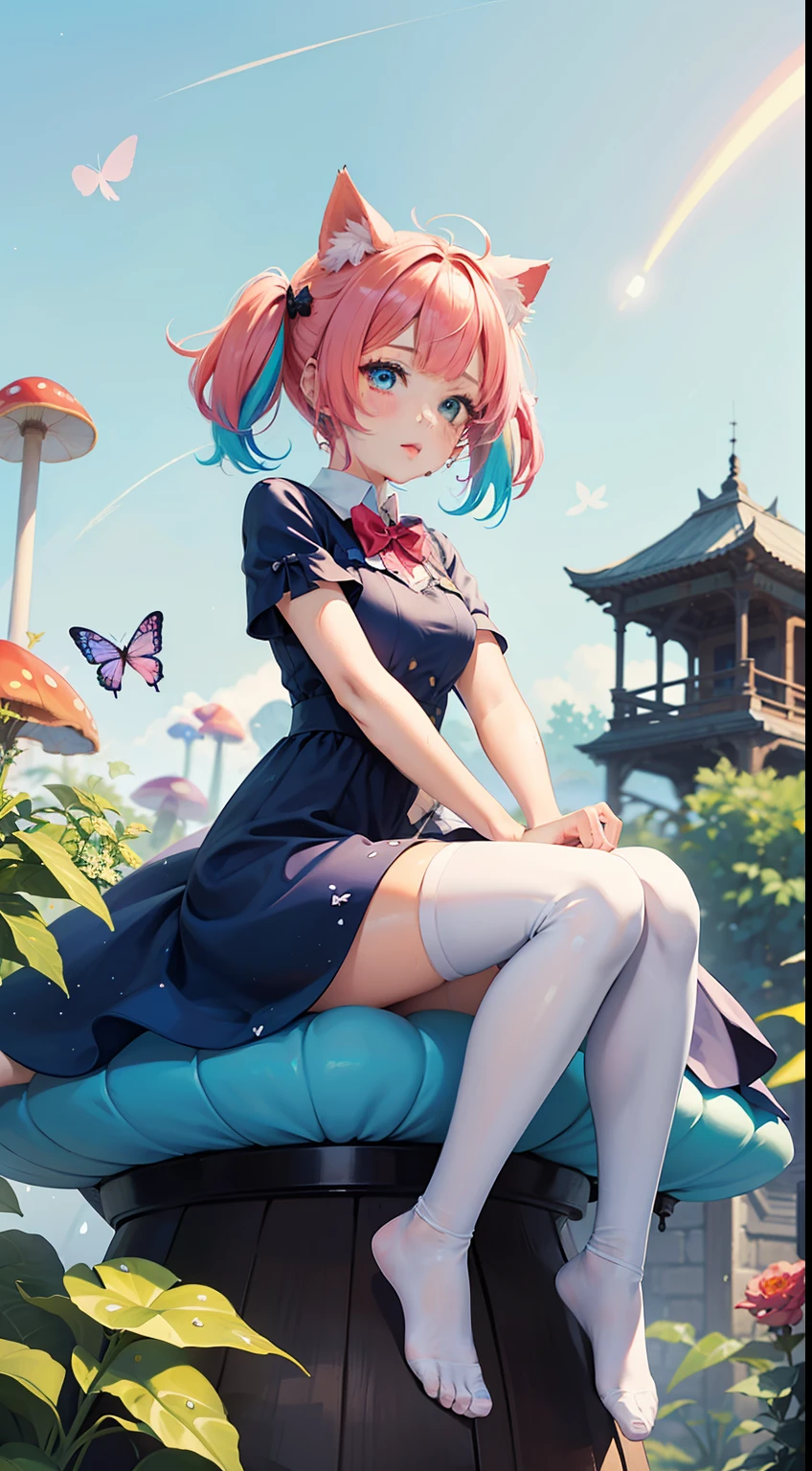 (Highest picture quality), (Master's work), (Detailed eye description), (8K wallpaper),
beautiful girl,(cat ears:1.2),(pink hair), (short hair:1.17),bowtie on neck, (low twintails,  short twintails:1.13),blunt bangs, blue eyes,
(1980s), (Detailed face description),
(white background:1.4),(mid shot:0.95),(full body:1.25),Dynamic angle,[Bottle bottom],
the 2D anime girl sits on a giant toadstool, surrounded by giant mushrooms and colorful butterflies.no shoes,(wet) clothes,(wet) thighhighs, she explores the strange and wondrous garden. (blush),the color of candyfloss, adorned with a pair of oversized bows.and a butterfly in the other hand. The atmosphere is whimsical and playful, it's clear that she is in her element and enjoying the moment of the fantastical garden.((Starry sky adorns beautiful detailed colorful ink splash dress)),(((colorful))),(multicolored:1.3),(blue),(purple),(yellow),(cyan),black,(green),(((colorful))),