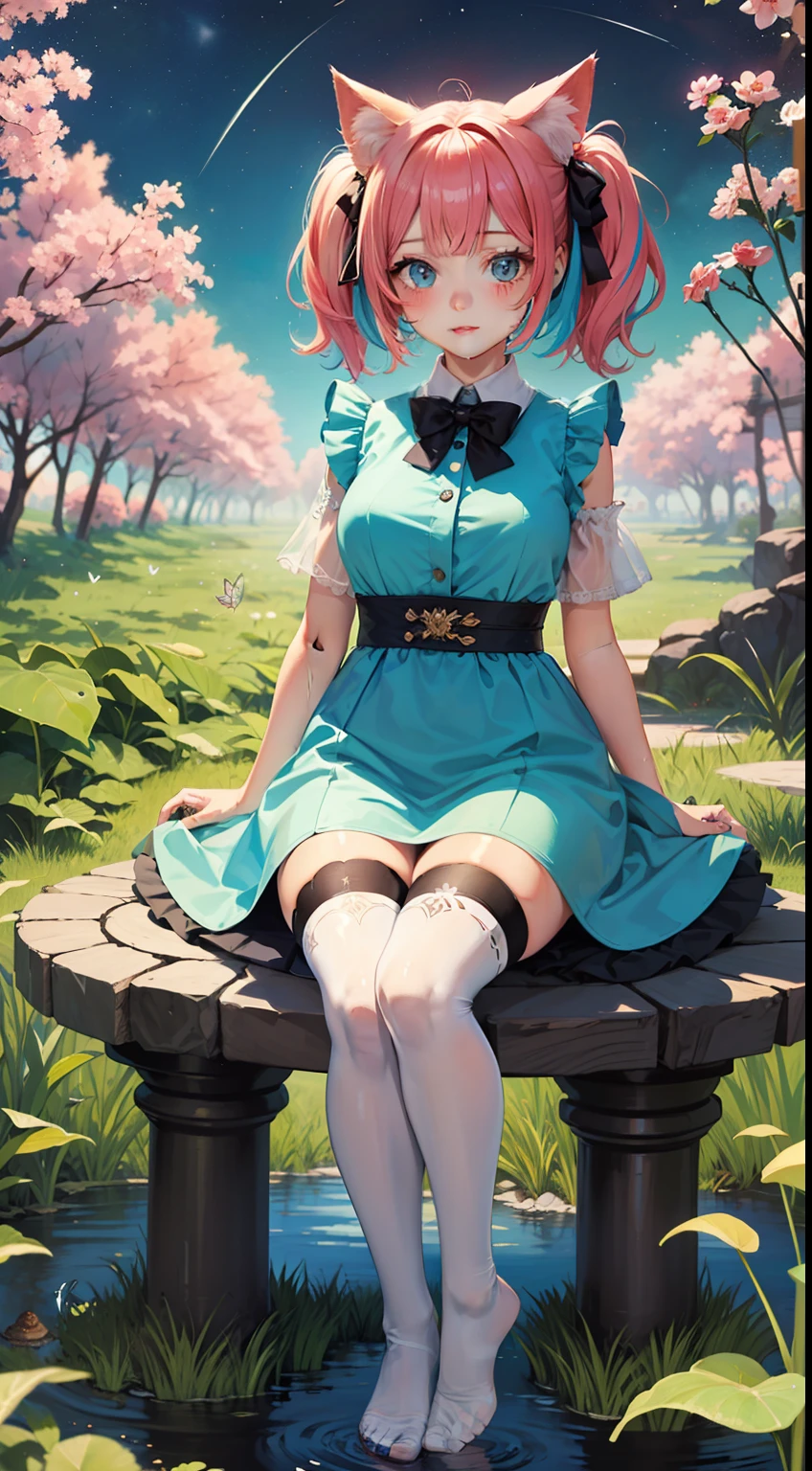 (Highest picture quality), (Master's work), (Detailed eye description), (8K wallpaper),
beautiful girl,(cat ears:1.2),(pink hair), (short hair:1.17),bowtie on neck, (low twintails,  short twintails:1.13),blunt bangs, blue eyes,
(1980s), (Detailed face description),
(white background:1.4),(mid shot:0.95),(full body:1.25),Dynamic angle,[Bottle bottom],
the 2D anime girl sits on a giant toadstool, surrounded by giant mushrooms and colorful butterflies.no shoes,(wet) clothes,(wet) thighhighs, she explores the strange and wondrous garden. (blush),the color of candyfloss, adorned with a pair of oversized bows.and a butterfly in the other hand. The atmosphere is whimsical and playful, it's clear that she is in her element and enjoying the moment of the fantastical garden.((Starry sky adorns beautiful detailed colorful ink splash dress)),(((colorful))),(multicolored:1.3),(blue),(purple),(yellow),(cyan),black,(green),(((colorful))),