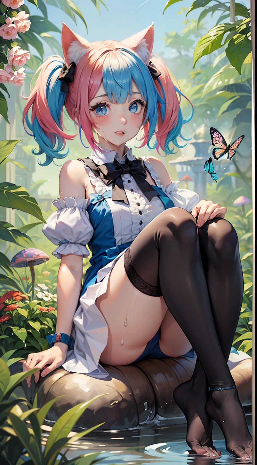 (Highest picture quality), (Master's work), (Detailed eye description), (8K wallpaper),
beautiful girl,(cat ears:1.2),(pink hair), (short hair:1.17),bowtie on neck, (low twintails,  short twintails:1.13),blunt bangs, blue eyes,
(1980s), (Detailed face description),
(white background:1.4),(mid shot:0.95),(full body:1.25),Dynamic angle,[Bottle bottom],
the 2D anime girl sits on a giant toadstool, surrounded by giant mushrooms and colorful butterflies.no shoes,(wet) clothes,(wet) thighhighs, she explores the strange and wondrous garden. (blush),the color of candyfloss, adorned with a pair of oversized bows.and a butterfly in the other hand. The atmosphere is whimsical and playful, it's clear that she is in her element and enjoying the moment of the fantastical garden.((Starry sky adorns beautiful detailed colorful ink splash dress)),(((colorful))),(multicolored:1.3),(blue),(purple),(yellow),(cyan),black,(green),(((colorful))),