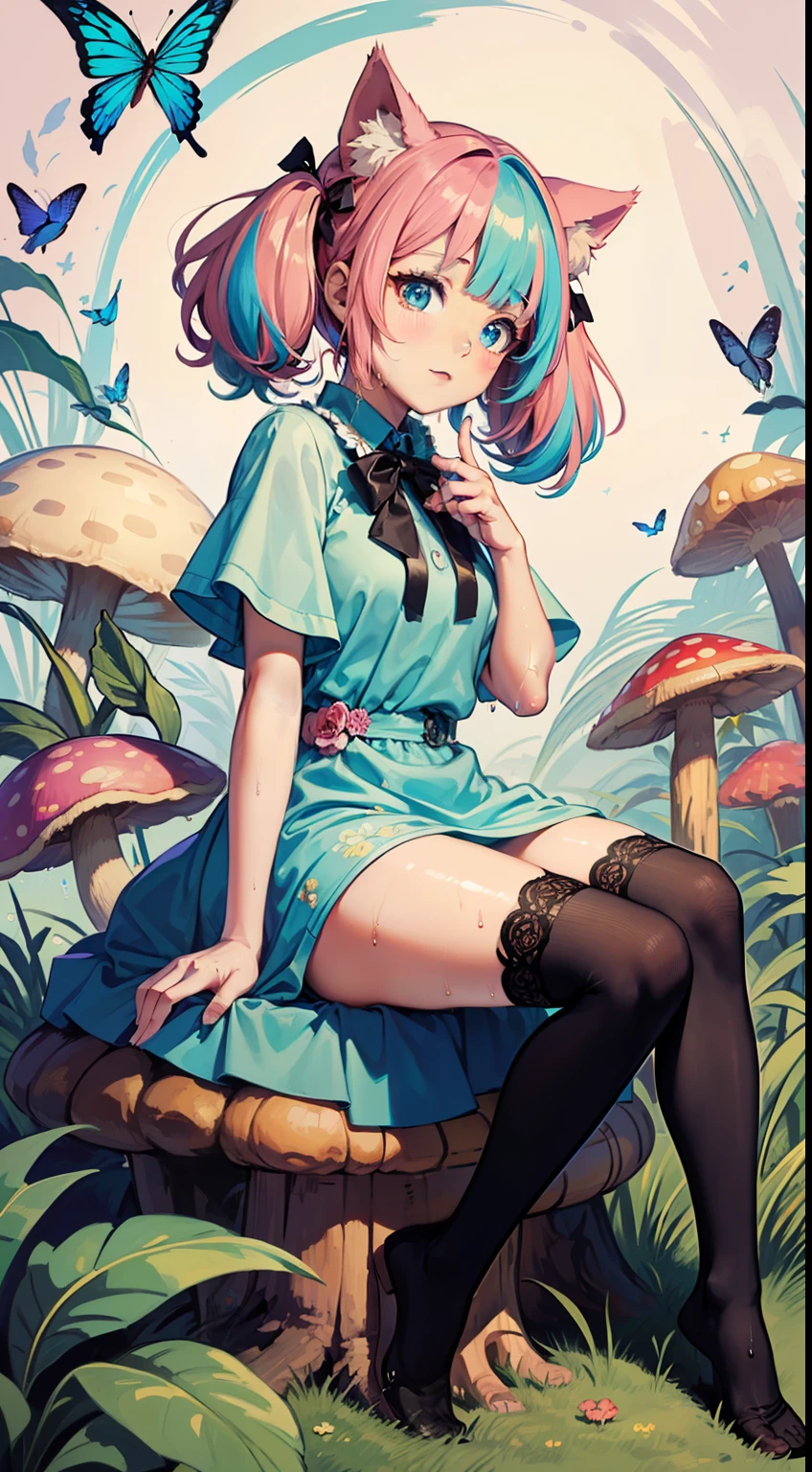 (Highest picture quality), (Master's work), (Detailed eye description), (8K wallpaper),
beautiful girl,(cat ears:1.2),(pink hair), (short hair:1.17),bowtie on neck, (low twintails,  short twintails:1.13),blunt bangs, blue eyes,
(1980s), (Detailed face description),
(white background:1.4),(mid shot:0.95),(full body:1.25),Dynamic angle,[Bottle bottom],
the 2D anime girl sits on a giant toadstool, surrounded by giant mushrooms and colorful butterflies.no shoes,(wet) clothes,(wet) thighhighs, she explores the strange and wondrous garden. (blush),the color of candyfloss, adorned with a pair of oversized bows.and a butterfly in the other hand. The atmosphere is whimsical and playful, it's clear that she is in her element and enjoying the moment of the fantastical garden.((Starry sky adorns beautiful detailed colorful ink splash dress)),(((colorful))),(multicolored:1.3),(blue),(purple),(yellow),(cyan),black,(green),(((colorful))),