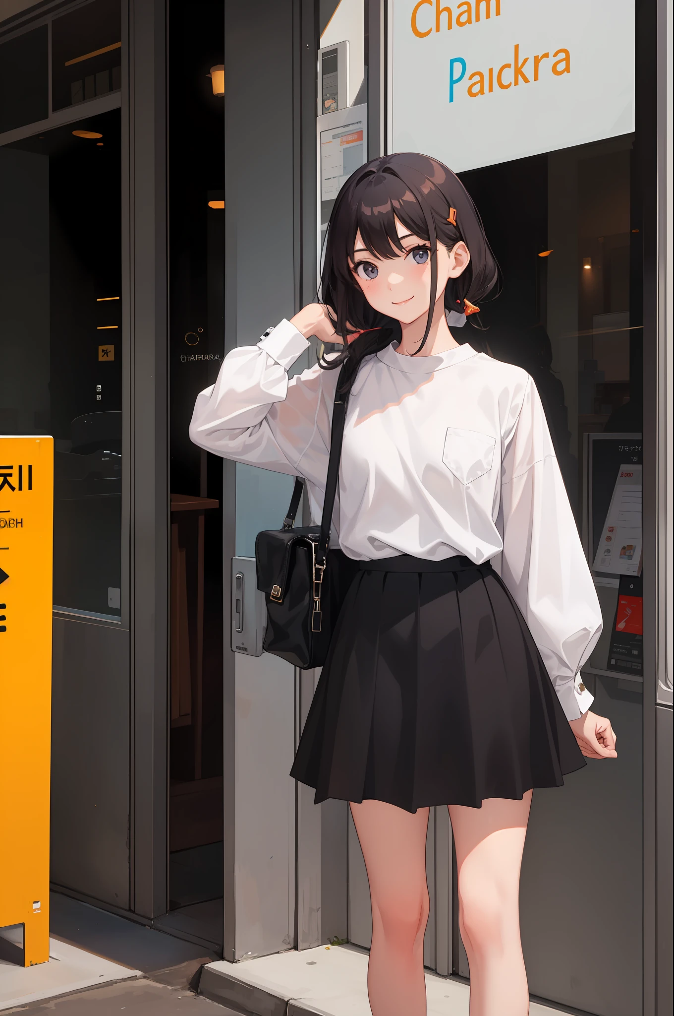 1 girl, smile, shirt, skirt, (small) chiralism, (panchira)