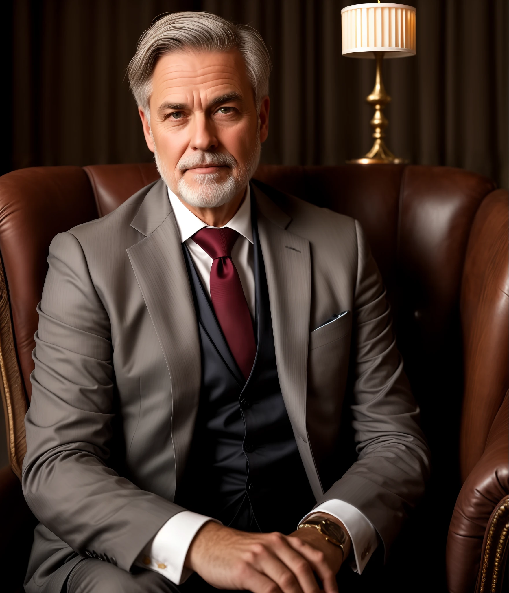 Benjamin is a middle-aged man with slightly gray hair and combed back. His eyes are intense blue and expressive, conveying wisdom and nostalgia. He has a trimmed beard and a soft smile on his lips. Dressed in an elegant grey suit, he conveys sophistication and professionalism. Sitting in an antique armchair, he leans forward slightly as candlelight creates mysterious shadows on his face.