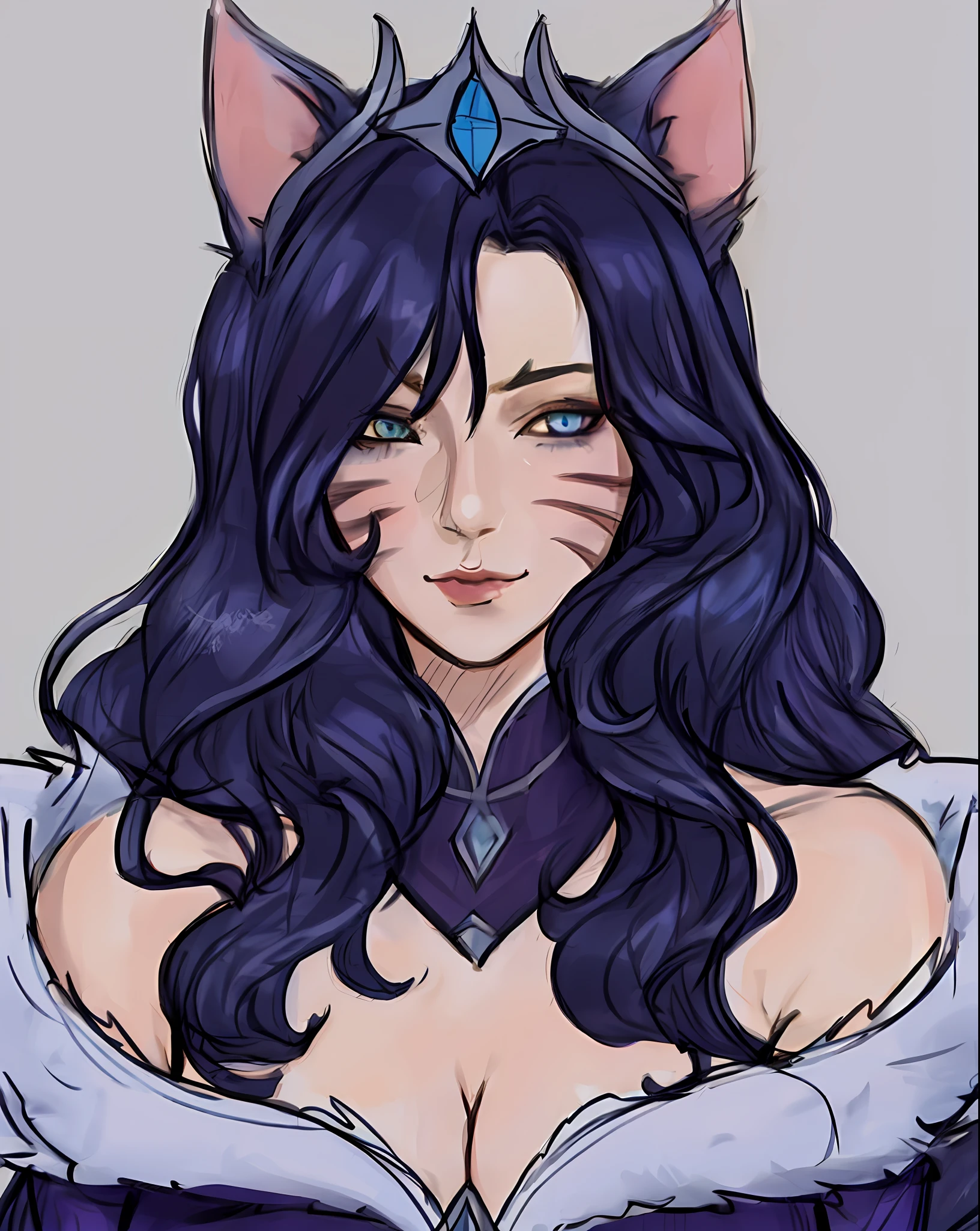 a drawing of a woman with blue hair and a cat ears, portrait of ahri, ahri, seraphine ahri kda, ahri from league of legends, attractive cat girl, beautiful anime catgirl, catgirl, anime catgirl, beautiful young catgirl, cat girl, high quality colored sketch, very beautiful cute catgirl, anime cat