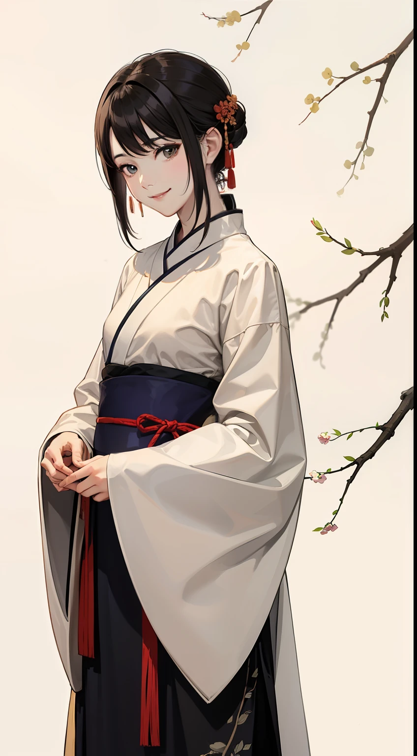 shukezouma, negative space, shuimobysim , portrait of a woman standing , willow branches, (masterpiece, best quality:1.2), traditional chinese ink painting, modelshoot style, peaceful, (smile), looking at viewer, wearing long hanfu, hanfu, song, willow tree in background, wuchangshuo,