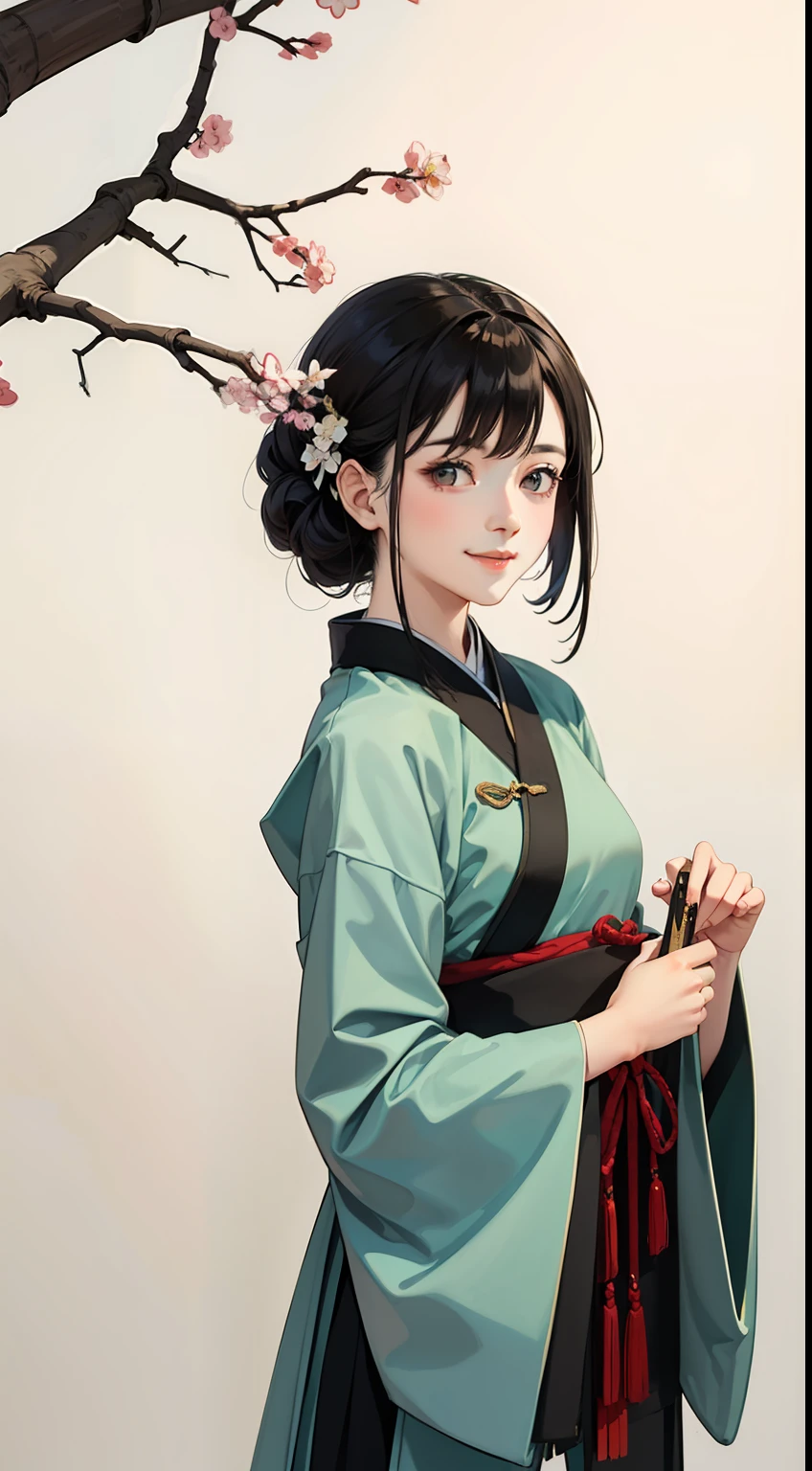 shukezouma, negative space, shuimobysim , portrait of a woman standing , willow branches, (masterpiece, best quality:1.2), traditional chinese ink painting, modelshoot style, peaceful, (smile), looking at viewer, wearing long hanfu, hanfu, song, willow tree in background, wuchangshuo,