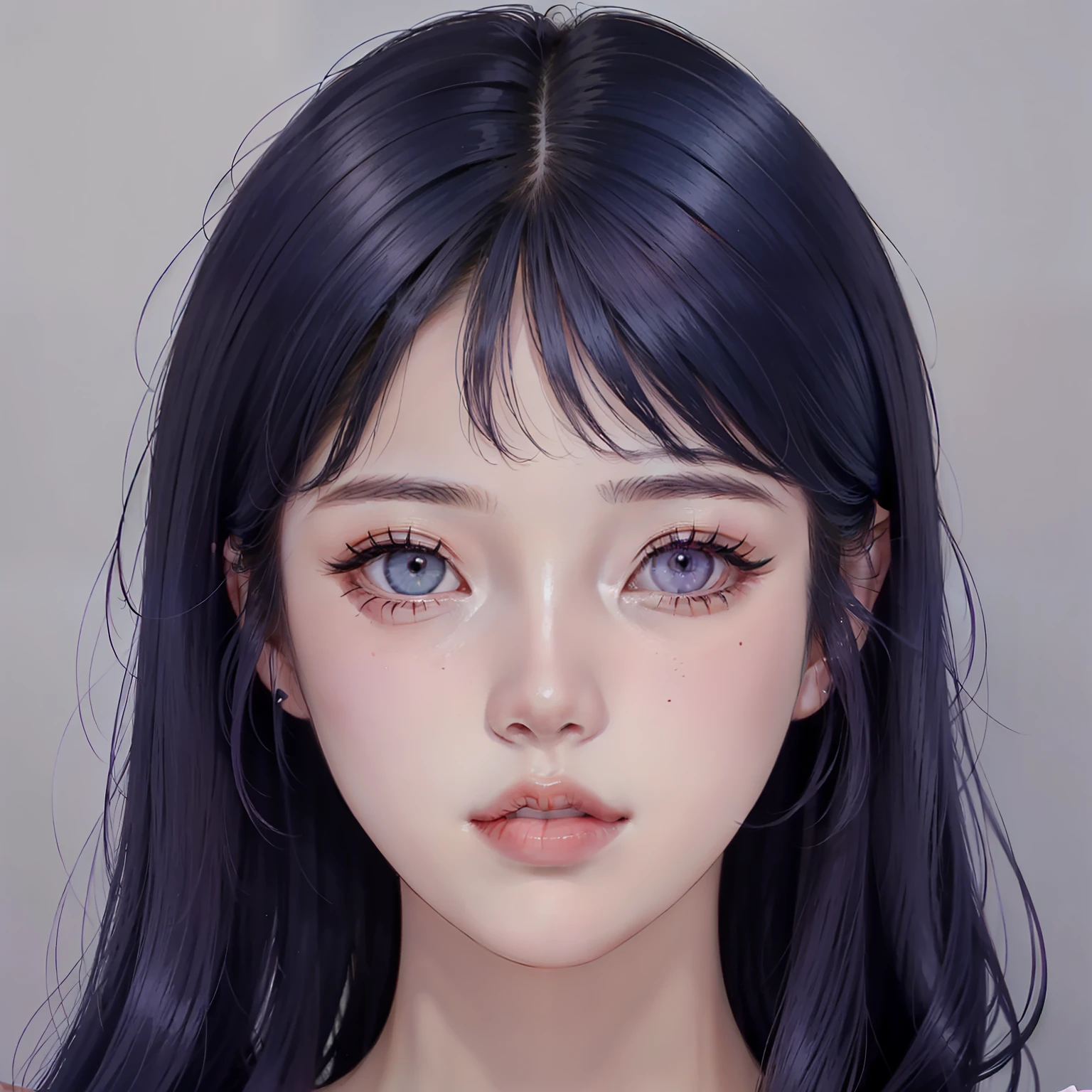 Blunt bangs, dark blue hair, super beautiful face, shining eyes, korean make up, 1 girl, purple eyes