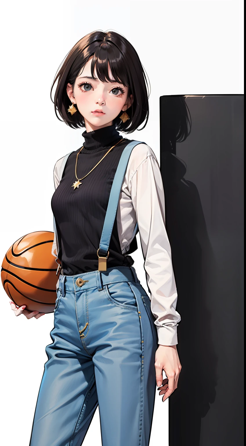 [(white background:1.4)::5], masterpiece, best quality, detailed, highres, colorful, good lighting, full_body,(chicken:1.3) background,
beautiful face, petite,
solo, suspenders, pants, 1girl, ((playing basketball)), necklace, grey pants, black shirt, black sweater, jewelry, black hair, long sleeves, turtleneck, shirt, cowboy shot, short hair, sweater,
 [(white background:1.5)::20], [(game character portrait:1.1):5], , [((outdoor):1.1):5], tree, villa,
