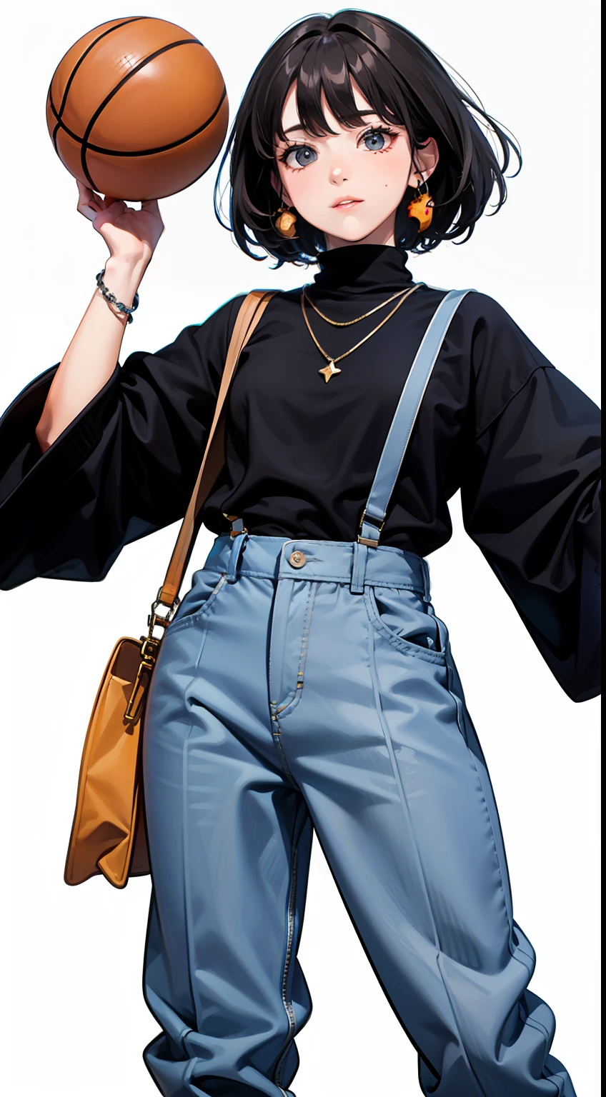 [(white background:1.4)::5], masterpiece, best quality, detailed, highres, colorful, good lighting, full_body,(chicken:1.3) background,
beautiful face, petite,
solo, suspenders, pants, 1girl, ((playing basketball)), necklace, grey pants, black shirt, black sweater, jewelry, black hair, long sleeves, turtleneck, shirt, cowboy shot, short hair, sweater,
 [(white background:1.5)::20], [(game character portrait:1.1):5], , [((outdoor):1.1):5], tree, villa,