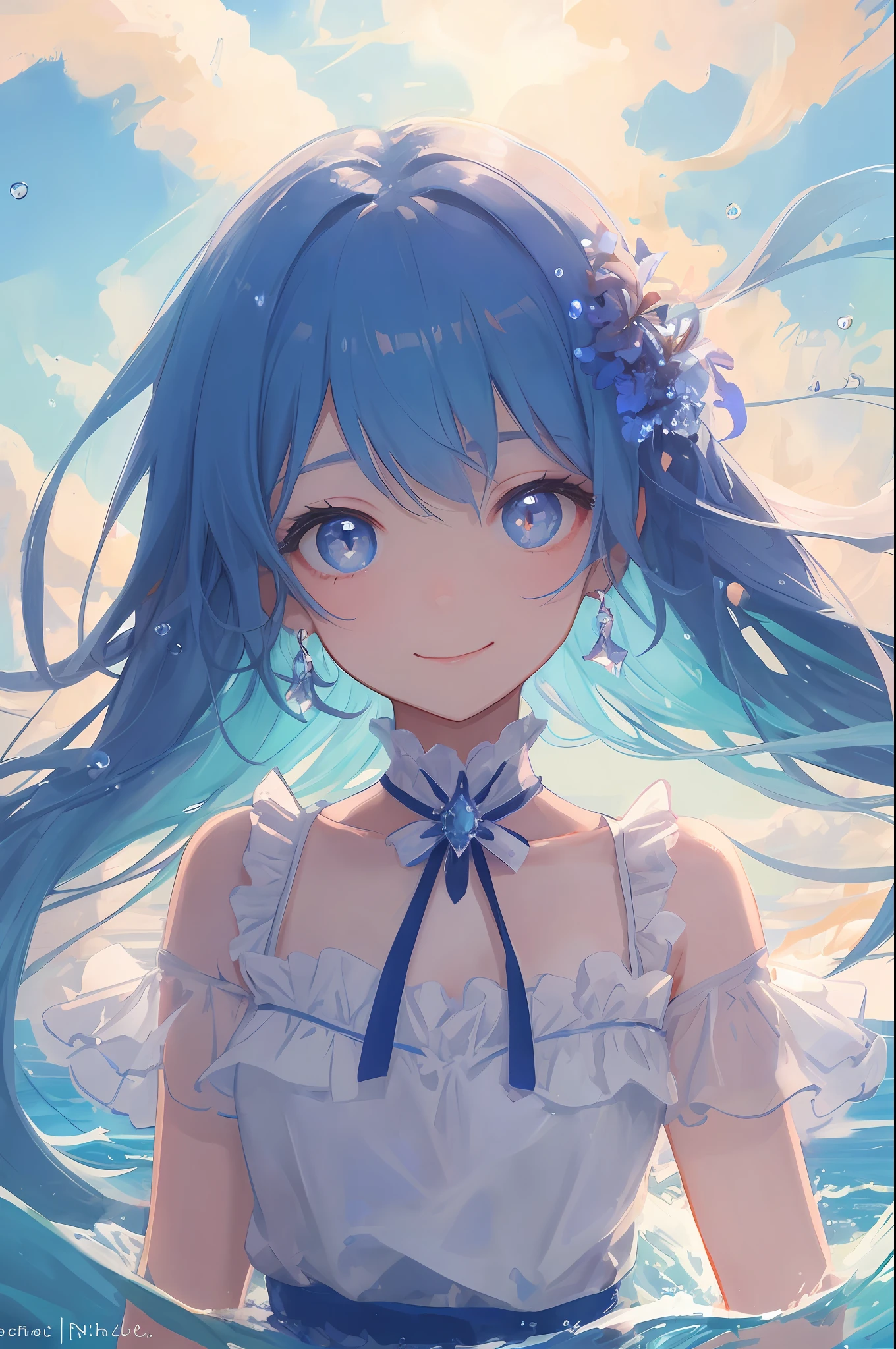 Cornflower, art by Dreamers
(A ite girl with beautiful eyes.) Beautiful light blue hair, light blue monochromatic dress, upper body, depth of field in the photo is perfect, lens flare added a nice touch. The fine features of his face really stood out, and the score in this photo was definitely over 10. In the background was a beautiful sea with crystal clear water and water droplets floating on the surface. It was really a stunning picture that captured the girl's beauty and water.),accurate iris depiction,trying to hug the viewer lovingly like a goddess with a gentle smile,