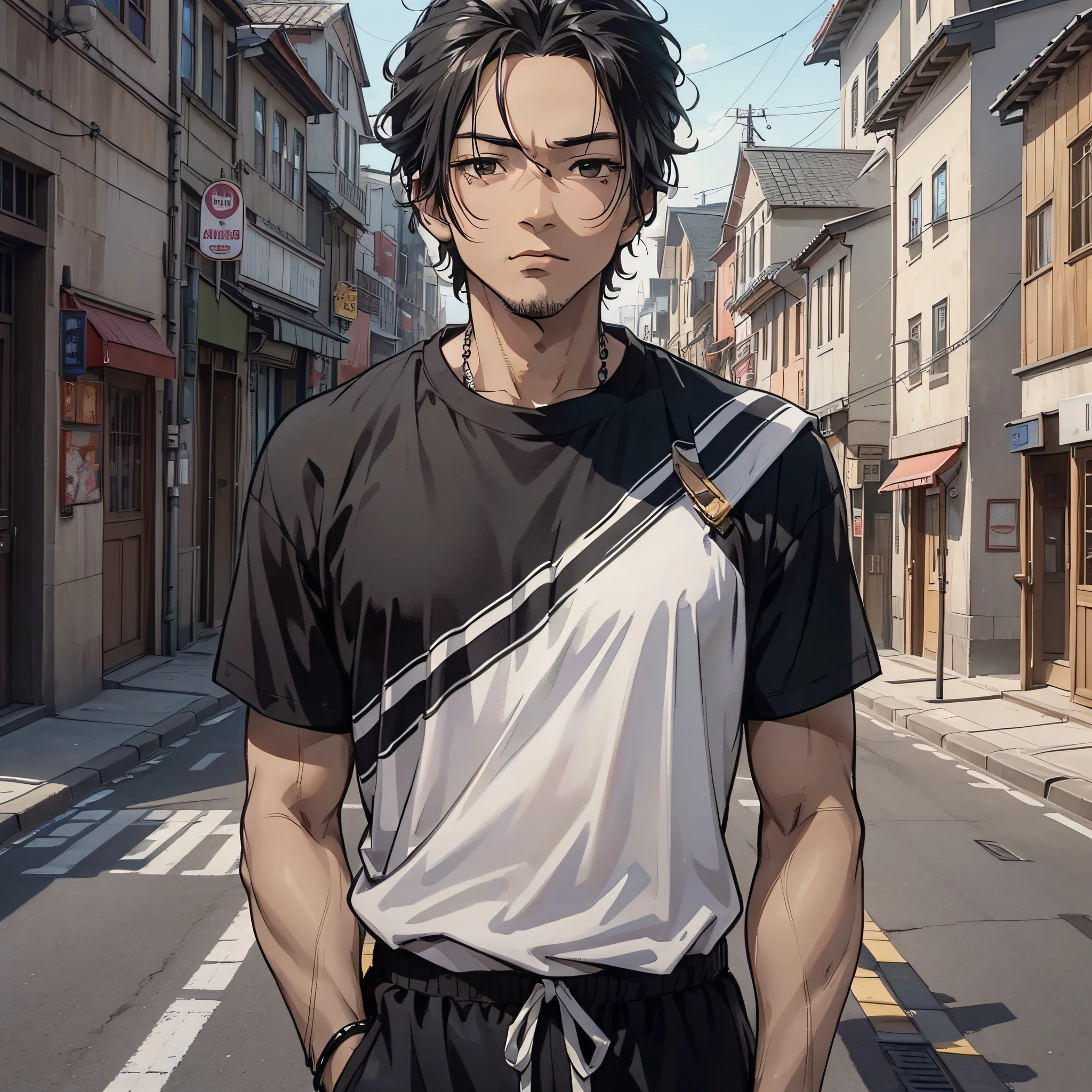 A black uncle with only a shirt and black skin of about 50 years old is standing on the side of the road at the entrance of the village, (serious expression 1.5) (inch head 1.5) (black skin 1.5) (background is village 1.5) anime style 4 K, anime rendering, anime style. 8k, (upper body display 1.5) (handsome boy 1.3) (cinematic lighting 1.5)