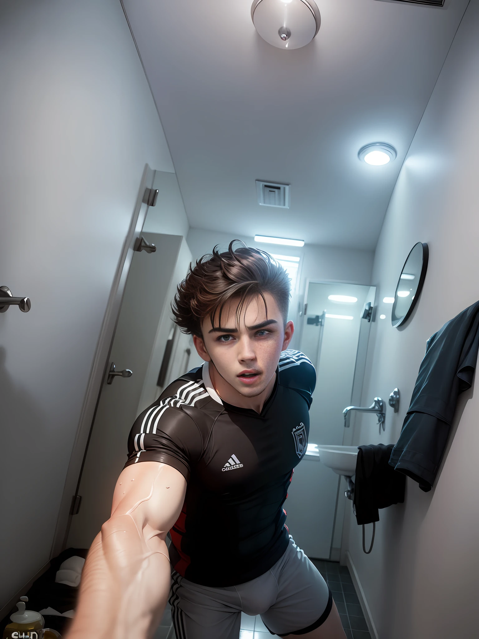 1 twink Europe boy , sweaty , muscular,sport briefs , soccer boy,bath room,bright colors, sexual tension, grease luster, cinematic lighting , wide-angle, masterpiece,best quality, ultra detailed,16k,uhd, portrait