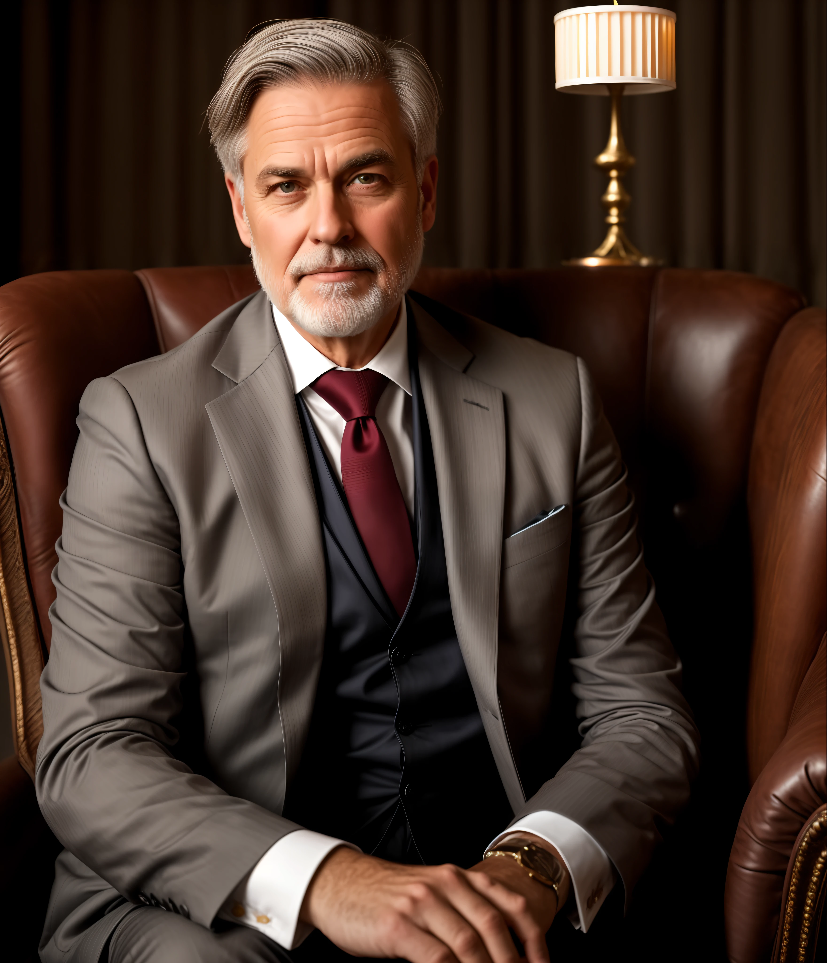Benjamin is a middle-aged man with slightly gray hair and combed back. His eyes are intense blue and expressive, conveying wisdom and nostalgia. He has a trimmed beard and a soft smile on his lips. Dressed in an elegant grey suit, he conveys sophistication and professionalism. Sitting in an antique armchair, he leans forward slightly as candlelight creates mysterious shadows on his face.