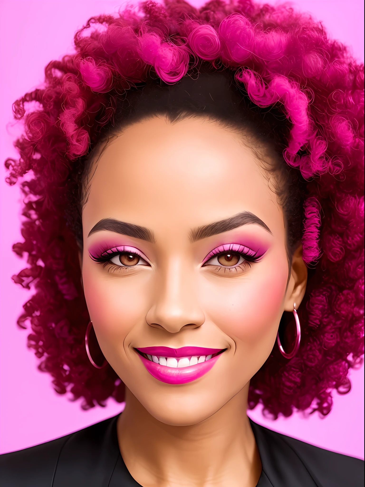 a close up of a woman in a pink dress smiling, headshot profile picture, glowing magenta face, rosey cheeks, profile picture, profile image, with professional makeup, beautiful and smiling, detailed portrait shot, taken in the early 2020s, garnet from steven universe, pink and red color style, glowing pink face, with afro, in professional makeup