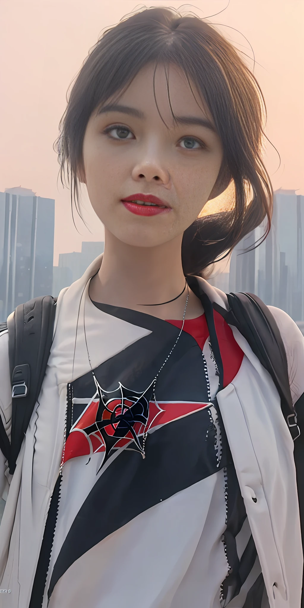 (1girl:1.3), Solo, (((Very detailed face)))), ((Very detailed eyes and face)))), Beautiful detail eyes, Body parts__, Official art, Unified 8k wallpaper, Super detailed, beautiful and beautiful, beautiful, masterpiece, best quality, original, masterpiece, super fine photo, best quality, super high resolution, realistic realism, sunlight, full body portrait, amazing beauty, dynamic pose, delicate face, vibrant eyes, (from the front), She is wearing a Spider-Man suit, red and black color scheme, spider, very detailed city roof background, rooftop, full body, beach, overlooking the city, detailed face, detailed complex busy background, messy, gorgeous, milky white, highly detailed skin, realistic skin details, visible pores, clear focus, volumetric fog, 8k uhd, DSLR, high quality, film grain, fair skin, photo realism, lomography, futuristic dystopian megalopolis, translucent