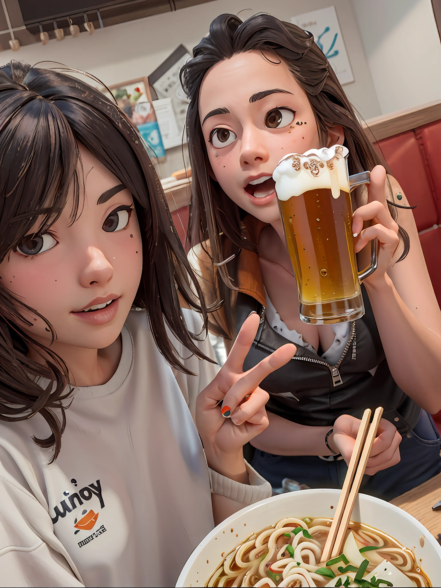 Girls, Jackets, T-shirts, tank tops, ramen, beer, messy hair, trending on ArtStation, 8K resolution, very detailed and anatomically correct, sharp images, digital painting, concept art, trending on pixiv, pixar style,