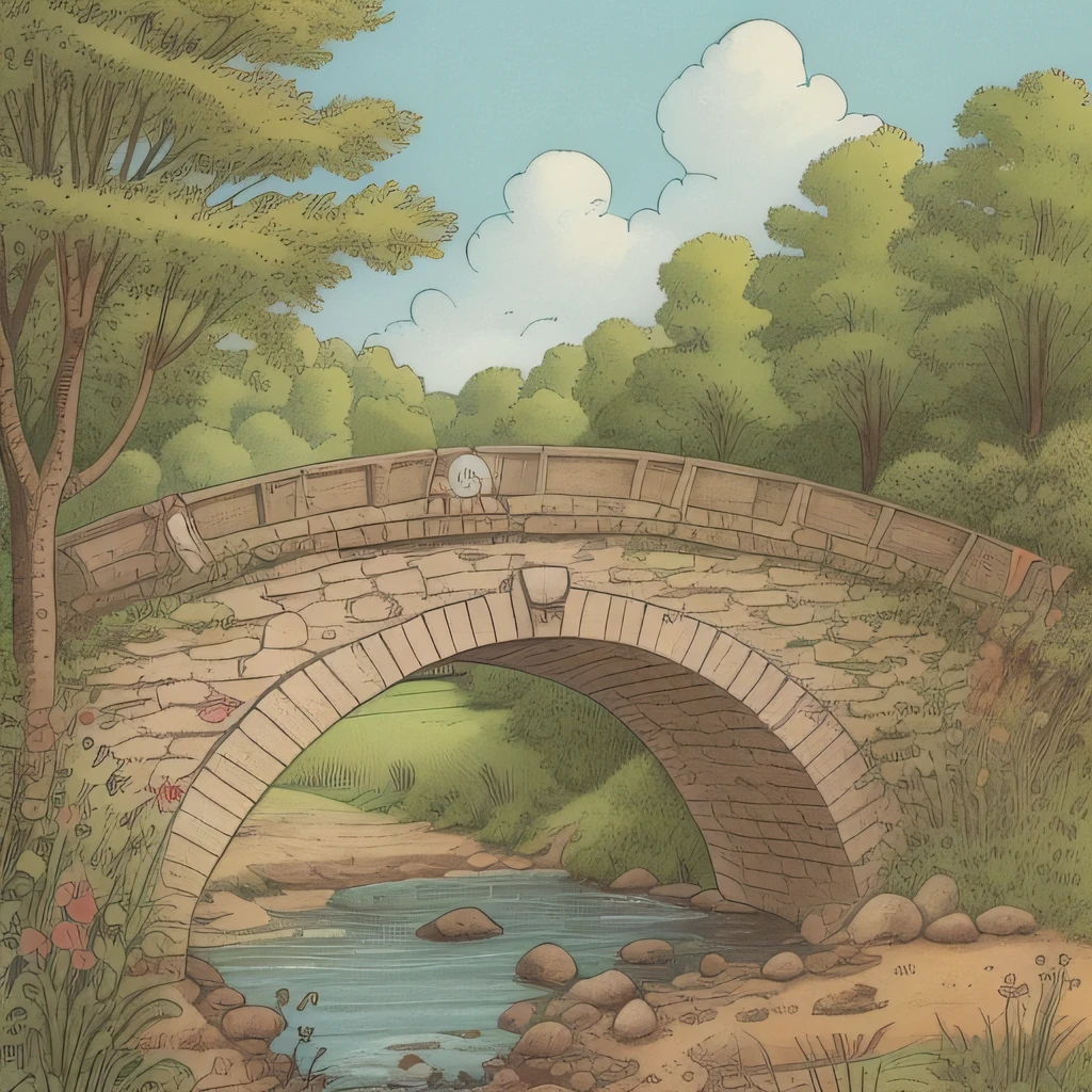 Children's picture book illustration, bridge over stream, cute, color illustration, 18th century France