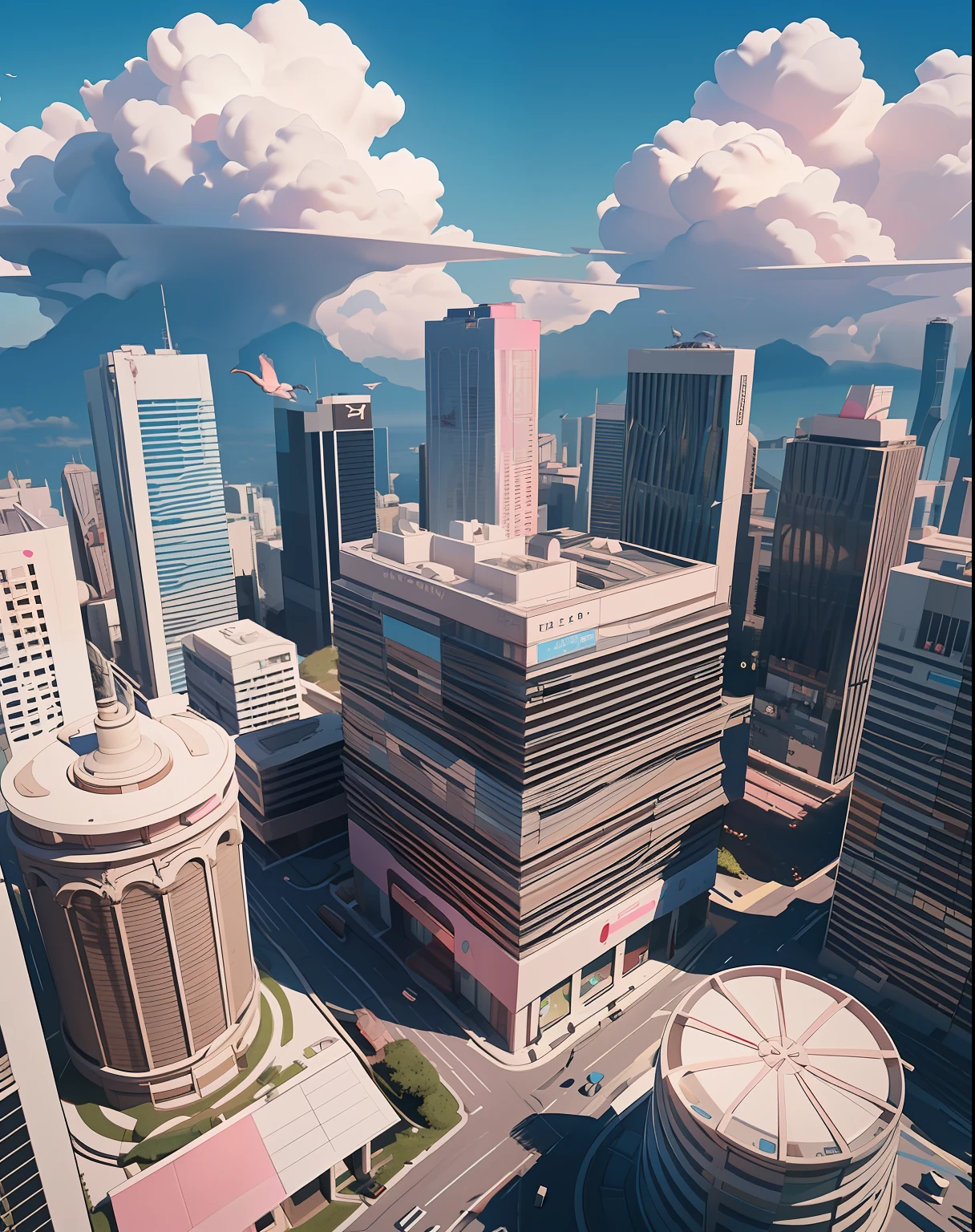 Excellent, masterpiece, 8k, high quality, 8k, wallpaper, lively street, lively, event atmosphere, 1 micro city, (bird's eye view), (city center), (lively street), (lively), large stage, giant stage, light blue city, light pink city, blue sky, white cloud, heavy white cloud, pink, white cloud surrounding, C4D, C4D style, (C4D), (C4D style), epic, C4D lens, artistic sense,