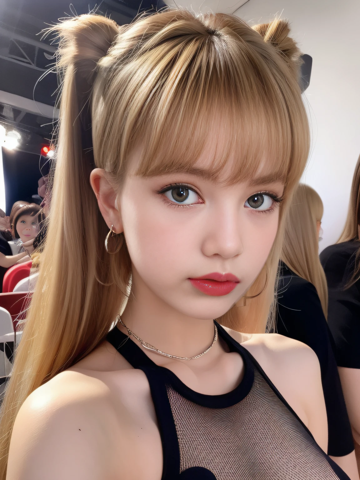 (8K, 4K, Best Quality, Highres, Ultra High Res:1.1), (Masterpiece, Realistic, Photo-Realistic:1.1), 1girl, Face, Close-Up, Twintails, Blonde Hair, Black Eyes, Red Lips, (Looking in Audience: 2), Wearing a sports top, open waist, shorts, long legs, ridiculously long hair, long eyelashes, eye shadow, small face, big eyes, bare shoulders, high contrast,