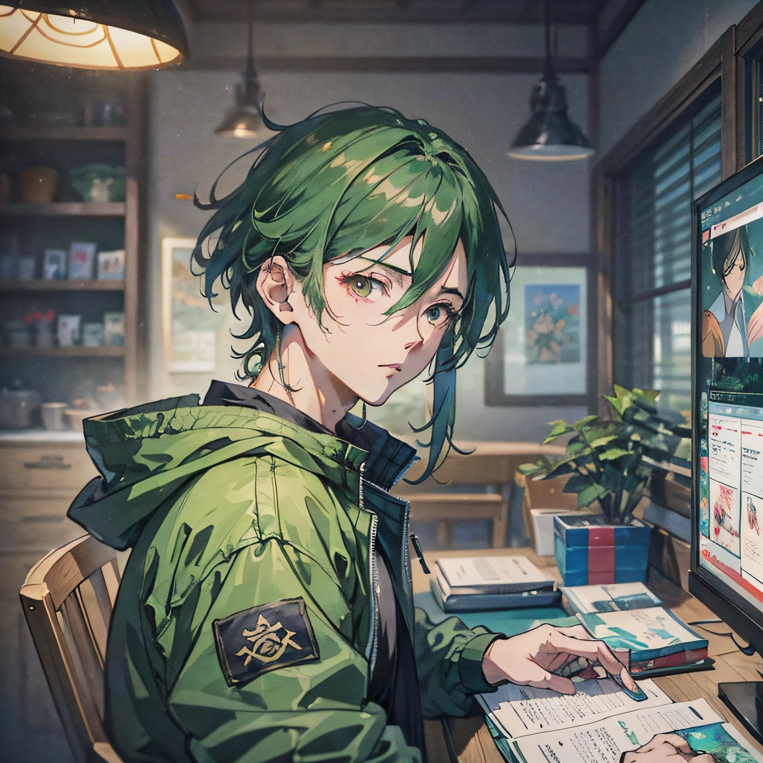 there is a man with green hair and a green jacket, cai xukun, yanjun chengt, inspired by Zhang Han, inspired by Bian Shoumin, inspired by Yanjun Cheng, realistic anime artstyle, photorealistic anime, realistic anime 3 d style, realistic. cheng yi, trending on cgstation, anime realism style, hyper realistic anime