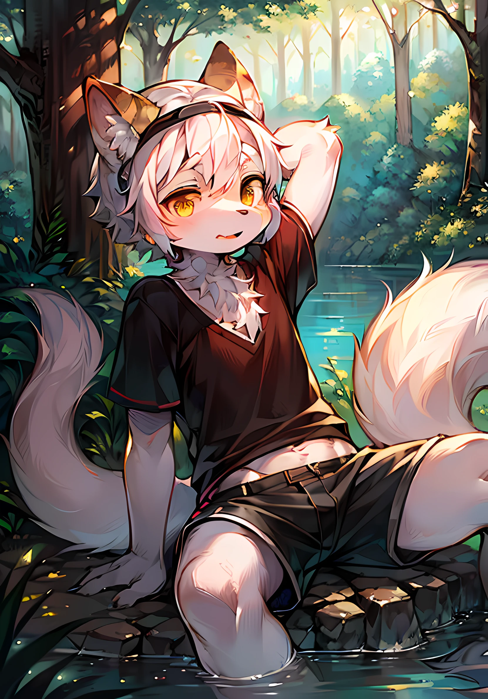(Bright Environment: 0.8), Masterpiece, High Quality, Abstract Res, Digital Painting\(artwork\), by Dagasi, Cuihongshi, Yupa, Kiyosan, (Anthro, Fluffy Fur, Character Focus: 1.1), Anthro Male Cat, Short hair,portrait, bright eyes, panorama, character focus. (Detailed background: 0.7), Furry, Furry male, Male focus, Anthr, (full body fur, fluffy tail, white fur, yellow eyes, white hair: 1.2), (long canine, handsome, shorts, short sleeves, white goggles: 1.2), (outdoor, midday, forest, riverside: 1.1)
