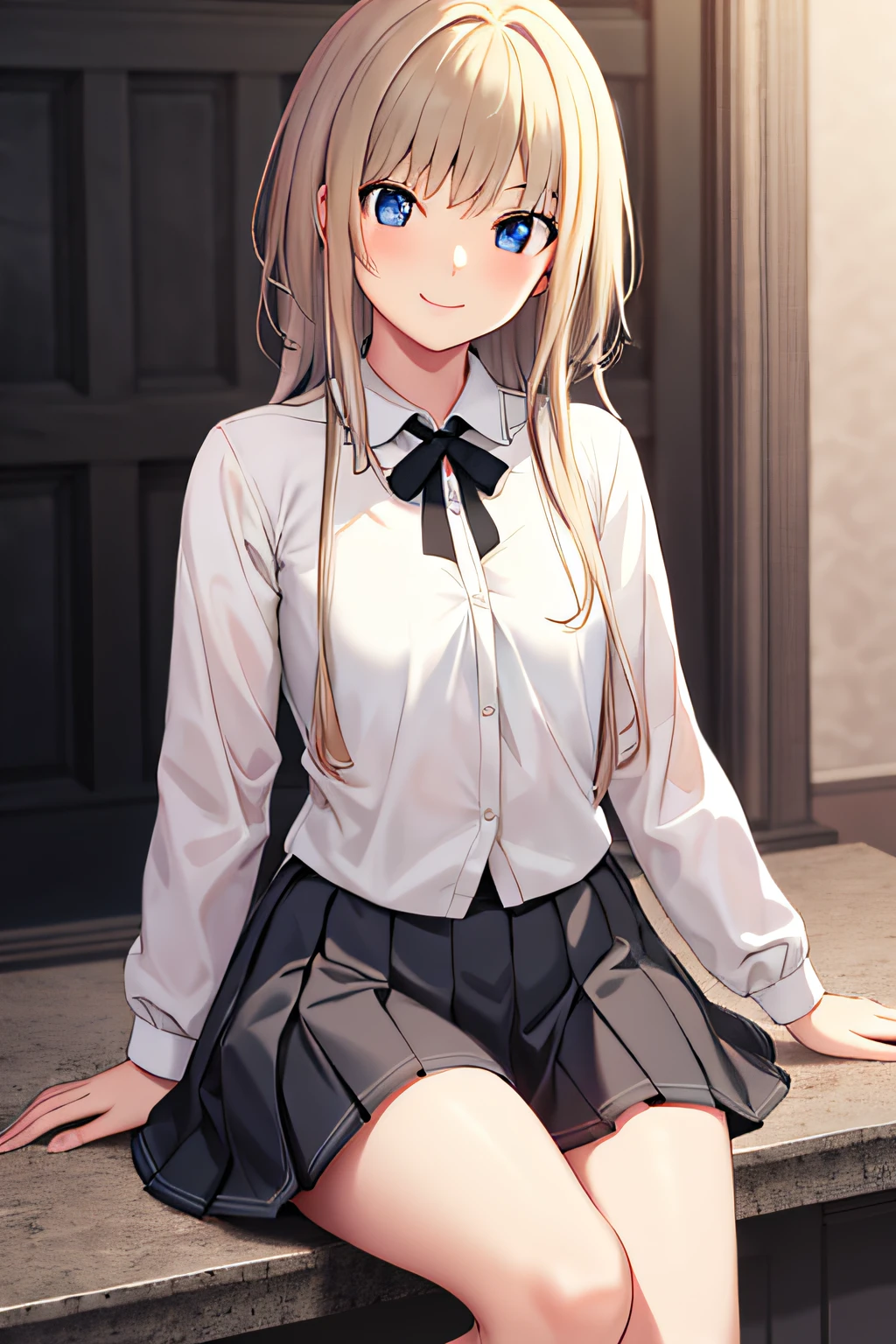 masterpiece, best quality, high resolution, KR1, blue eyes, smile,bangs, white shirt, black skirt, sitting, pleated skirt, socks, small tits, blonde, cowboy shot,