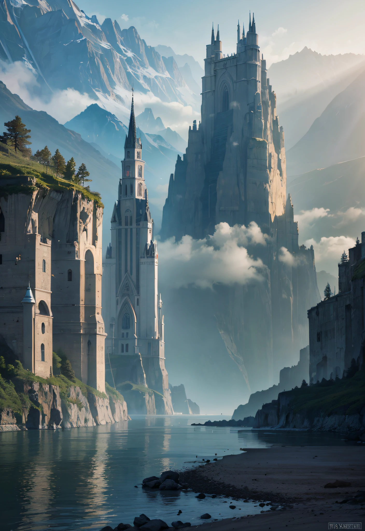 Castles, peaks, cliffs, lakes, waterfalls, sci-fi architecture, real, shocking, photo quality, 8k
