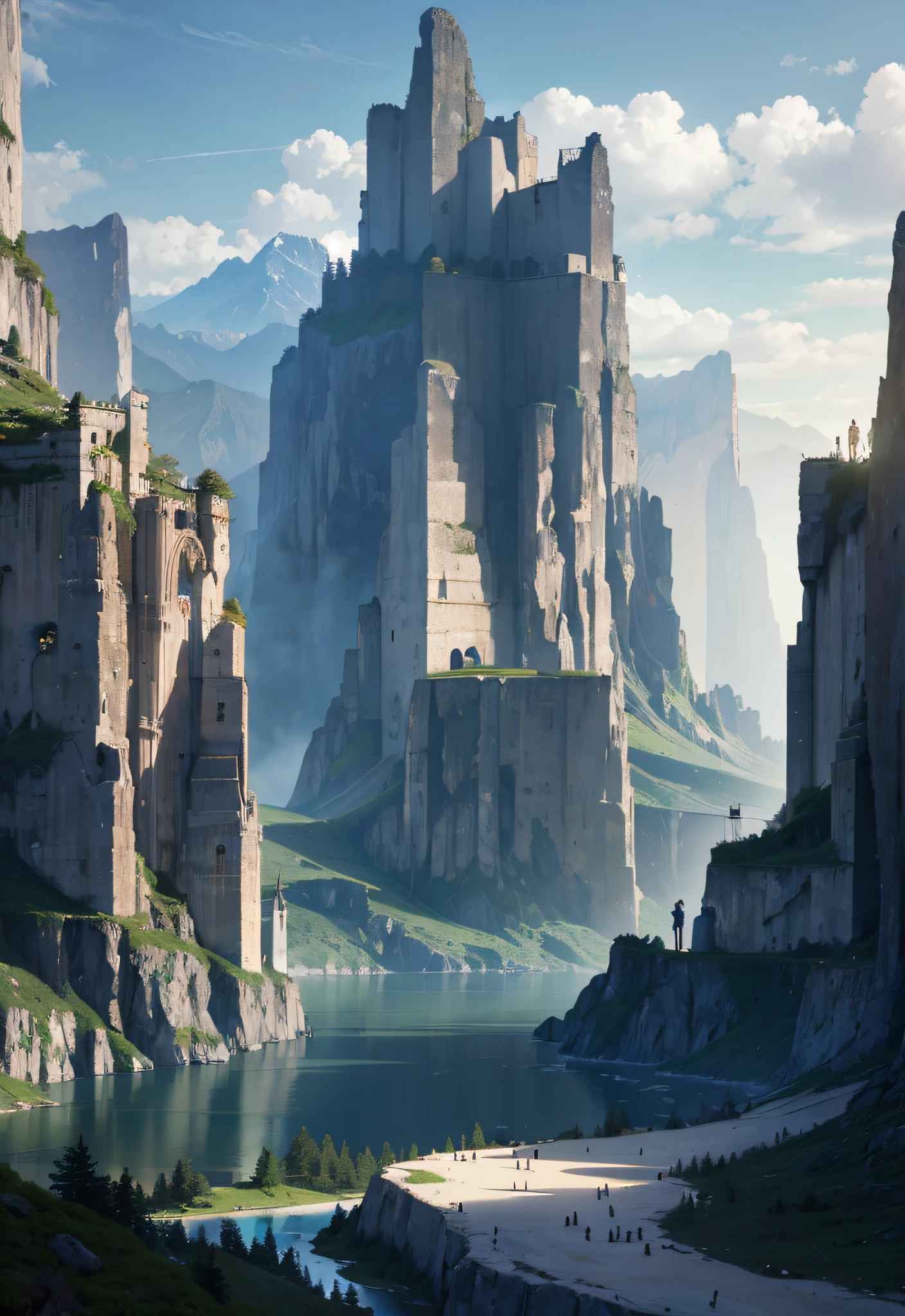 Castles, peaks, cliffs, lakes, waterfalls, sci-fi architecture, real, shocking, photo quality, 8k