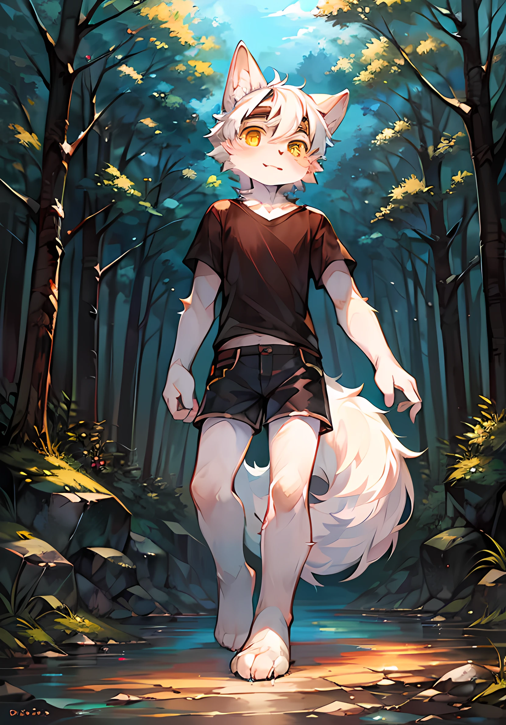 (Bright Environment: 0.8), Masterpiece, High Quality, Abstract Res, Digital Painting\(artwork\), by Dagasi, Cuihongshi, Yupa, Kiyosan, (Anthro, Fluffy Fur, Character Focus: 1.1), Anthro Male Cat, Short hair,portrait, bright eyes, panorama, character focus. (Detailed background: 0.7), Furry, Furry male, Male focus, Anthr, (full body fur, fluffy tail, white fur, yellow eyes, white hair: 1.2), (long canine, handsome, shorts, short sleeves, white goggles: 1.2), (outdoor, midday, forest, riverside: 1.1)