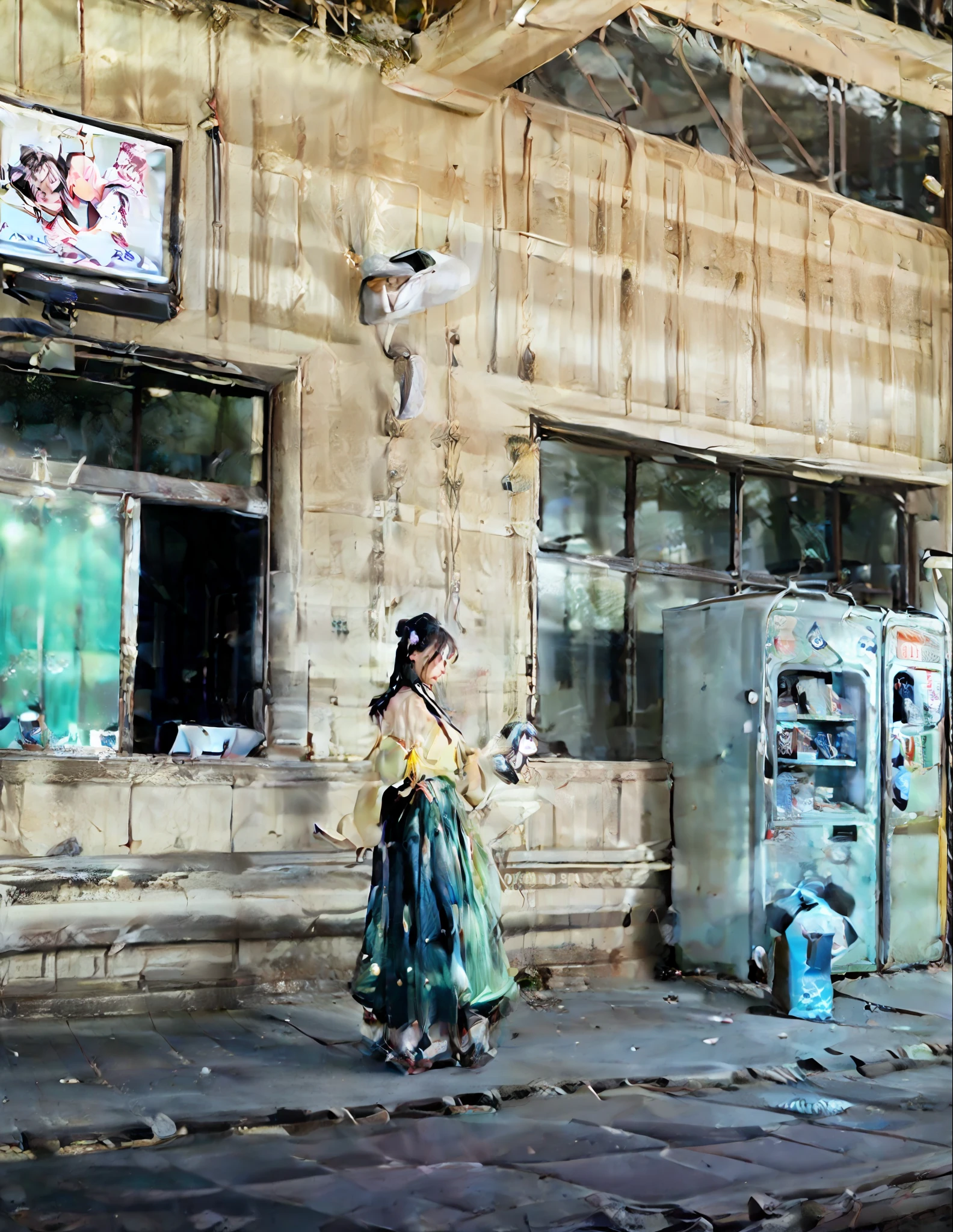 There is a woman standing outside the building, there are vending machines, vending machines, holding admission tickets, 4 8 0 p, 480p, cgstation, けもの, set in the Bank of Tokyo parking lot, low quality video, 😭 💕 🎀 🤮 🚿🗝📝 7 2 0 p