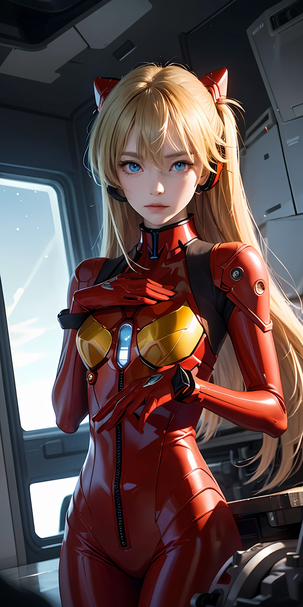 (Overhead view),dynamic angle,ultra-detailed, illustration, close-up, straight on, 1girl, 
 ((souryuu asuka langley, interface headset, red bodysuit:1.4, blonde)),Her eyes shone like dreamy stars,(glowing eyes:1.233),(beautiful and detailed eyes:1.1),(expressionless,closed mouth),(standing), 
(mechanic room with toolsand spaceship windowin a white SPACESHIP),
(night:1.2),dreamy, [[delicate fingers and hands:0.55]::0.85],(detail fingers),