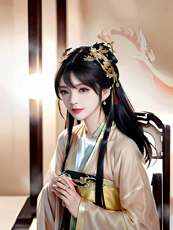 Best quality, masterpiece, high resolution, 1 girl, (Hanfu: 1.2), (gold thread stitching: 1.1), white translucent silk dragon robe, (translucent silk dragon robe: 1.3), (Ancient Chinese palace: 1.2), (smile: 1.1), lips, dress, (hair accessories: 1.2), (ancient Chinese dragon chair: 1.3), necklace, (jewelry: 1.1), long hair, medium chest, earrings, delicate beautiful eyes, delicate eyelashes, beautiful face, upon_body, Tyndall Effect, (Realistic: 1.2), Edge Lighting, Duotone Lighting, (High Detail Skin: 1.2), 8K UHD, DSLR, Soft Light, High Quality, Volumetric Light, Snapshot, (Photo: 1.1), High Resolution, Highest, High Resolution, Detailed Eyelashes, Beautiful Face, Body, Tyndall Effect, Two-tone Lighting, (High Detail Skin: 1.2), 8K Ultra HD, Soft Light, High Quality, Volumetric Lighting, Frank Shooting, (Low Angle Shooting: 1.1), Anime Style, Two-Dimensional