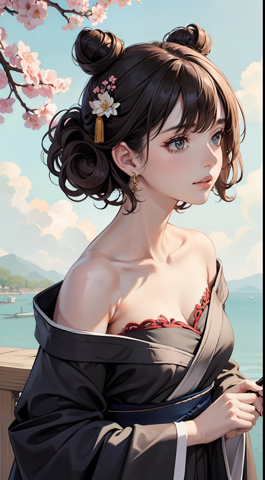 Curly hair, Mexican hairstyle, cool, steady expression, sharp, short hair, bun,portrait of a girl, (face:1.2), Floating hair, wind, clouds, sunshine, movie light, bangs, face close-up, sky background, oil painting texture, clear hair, light hair, flowers, girls, bright eyes, single line shoulder, collarbone, shirt, autumn, bare shoulder, bare tree, black hair, branch, cherry blossom, coat, (robe:1.21), collarbone, earrings, gray background, hair accessories, Hanfu, Holding a pipe, jewelry, lips, long hair, medium breasts, sitting, solo, tassel, tree, wide sleeves,, translucent clothes, silk, Shuke walking horse, negative space, ink painting, standing woman portrait, Willow Branch, (Masterpiece best quality :1.2), traditional Chinese ink painting, model shooting style, peace, looking at the audience, wearing long Hanfu, Song, Willow as background, Ochangshuo, shirt, whole body, head to toe, natural body, girly feeling,