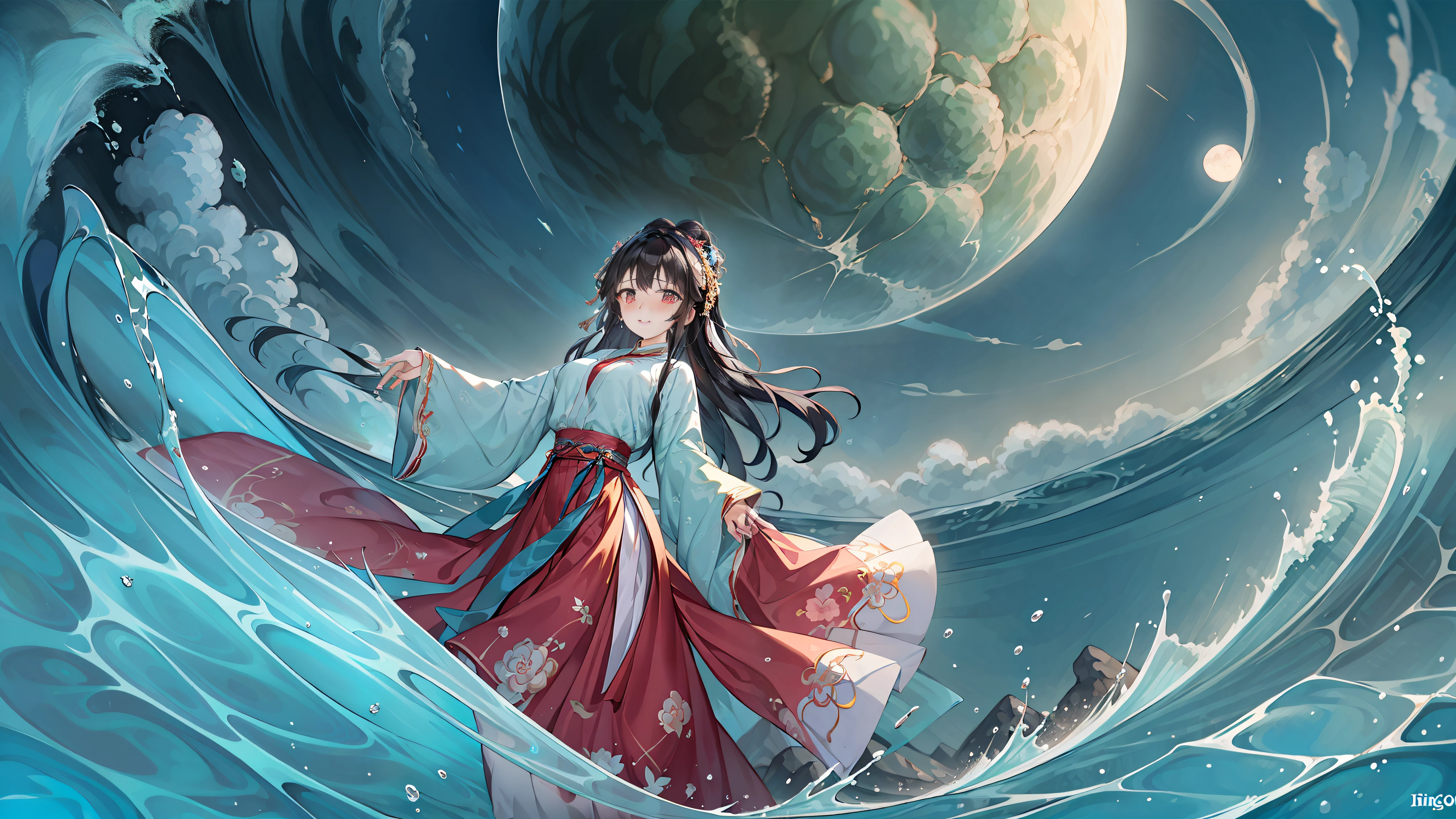 High quality, high precision, extreme detail, 8k, Panoramic view, there is a huge round moon in the sky, a maiden, full body, hanfu, mingstyle, long black hair, beautiful face, blush, in line with human female eyes, tears in the corners of the eyes, white long skirt, holding a ball fan in one hand, pulling the skirt corner with the other, standing sideways in a pool of water, water, waves, looking up at the sky, bright colors, cinematic light effects