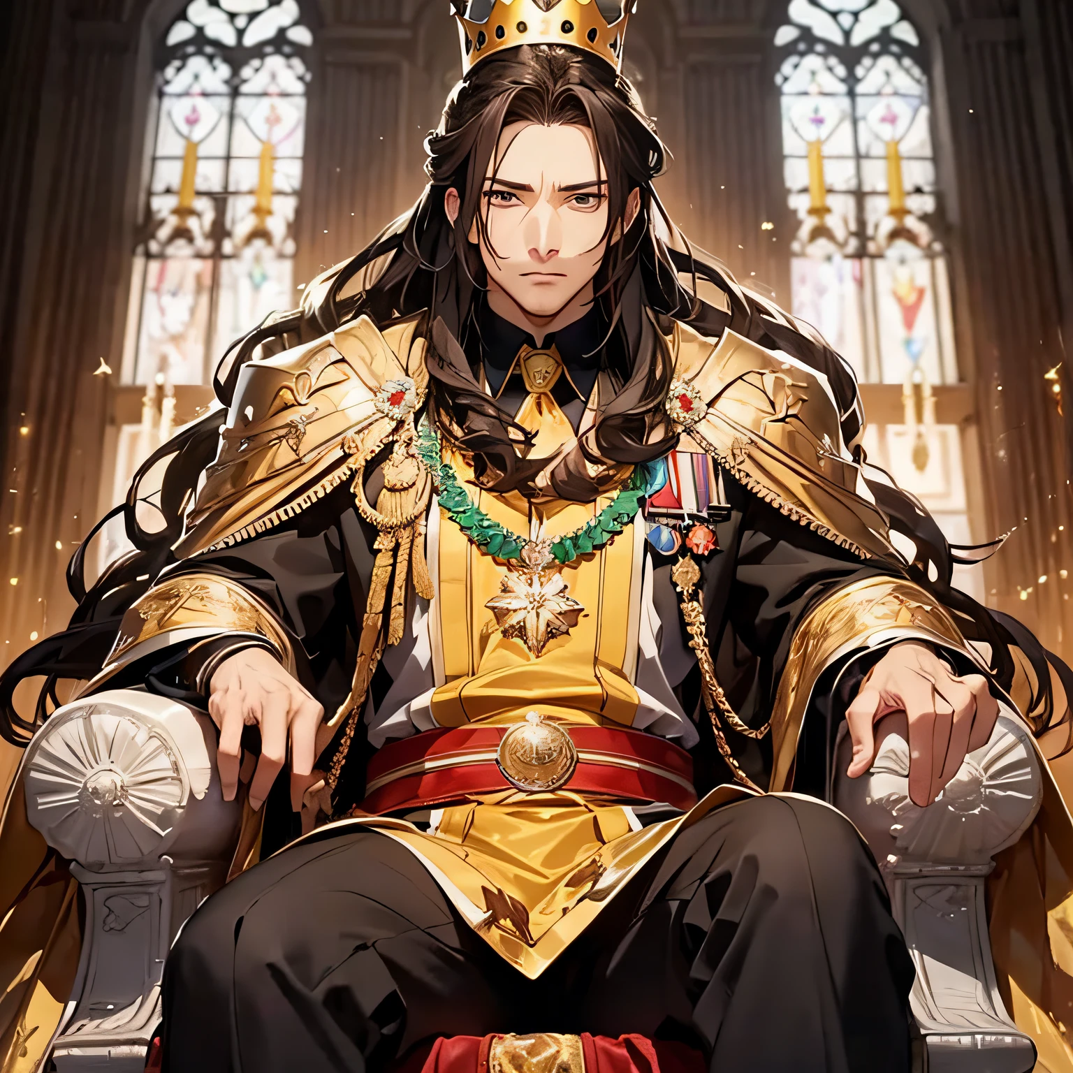 man, brown eyes, brown eyes, long hair, tied, tall and strong man, suit, king, powerful leader, anime, drawing, king, king of the kingdom, long hair tied, hair with brown tips, black suit of a king, crown, crown on head, crown with green and yellow red stones, hair tied, ponytail, hair stuck, strong man sitting on the throne,  power, strong man, inponence