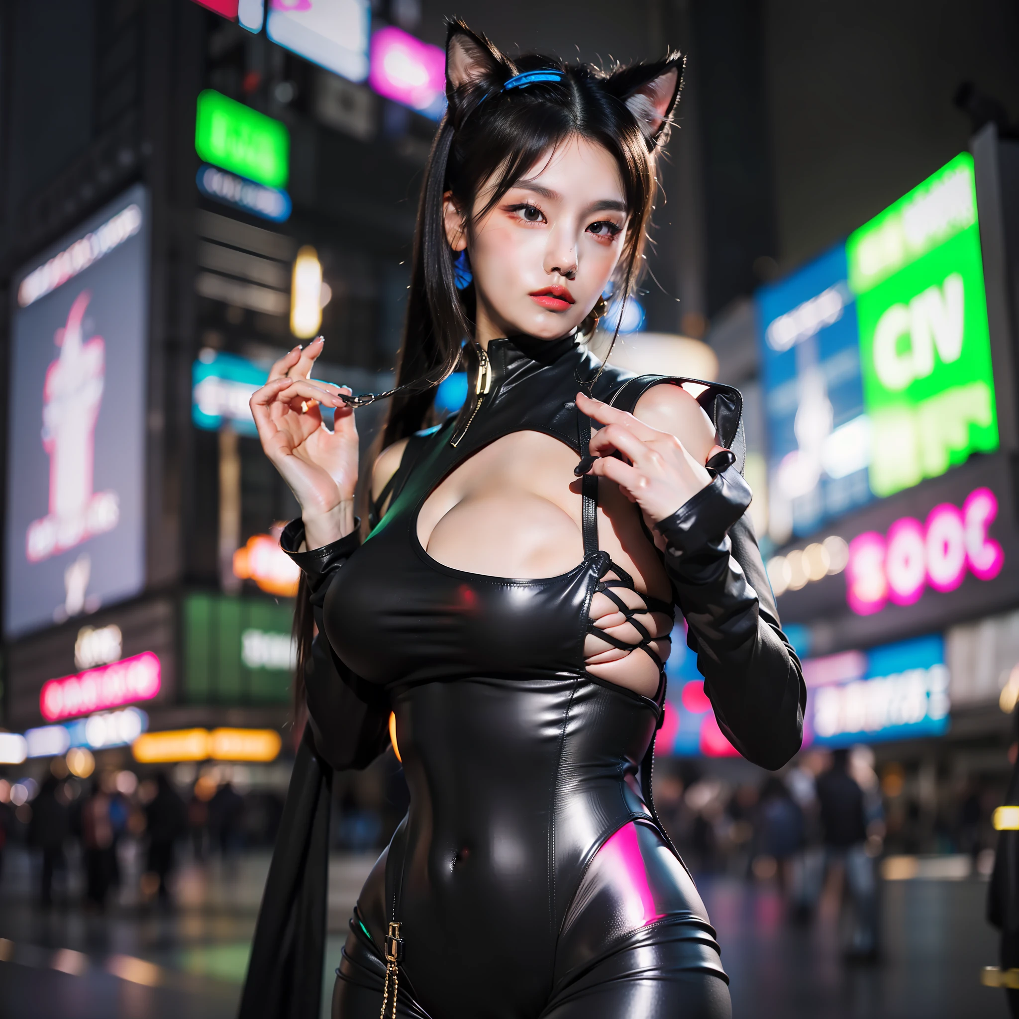 best quality, photorealistic, 8k, high res, 1girl, woman, (), gorgeous, ((neon light, time square, cityscapebackground:1.65)), straight-looking at viewer:1.8, (1girl eyes looking at viewer,  short-length straighthair,  black hair, partedhair:1.75), photorealistic, (bokeh), (smile:1.2), (closed mouth:0.56), gorgeous, pureerosface_v1, Yeji Itzy, Yeji, korean Yeji Itzy, big , wear cat headband, black cat headbad, wearing eye cover mask, half mask, big , gigantic , show cleavage, low cut clothes, show cleavage, major cleavage, cosplay cat woman, cat woman batman, black cat woman suit, skimpy, tight jumpsuit, no , no undies, show thighs, thick thighs, show major thighs, voluptuous body, big , best proportion bodi, slender proportion body, ,  pose, photo realistic result, hyper realism style, hyper realistic detais, city light nigh background, bokeh light.