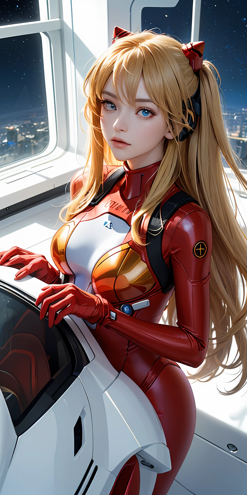 (Overhead view),dynamic angle,ultra-detailed, illustration, close-up, straight on, 1girl, 
 ((souryuu asuka langley, interface headset, red bodysuit:1.4, blonde)),Her eyes shone like dreamy stars,(glowing eyes:1.233),(beautiful and detailed eyes:1.1),(expressionless,closed mouth),(standing), 
(mechanic room with toolsand spaceship windowin a white SPACESHIP),
(night:1.2),dreamy, [[delicate fingers and hands:0.55]::0.85],(detail fingers),