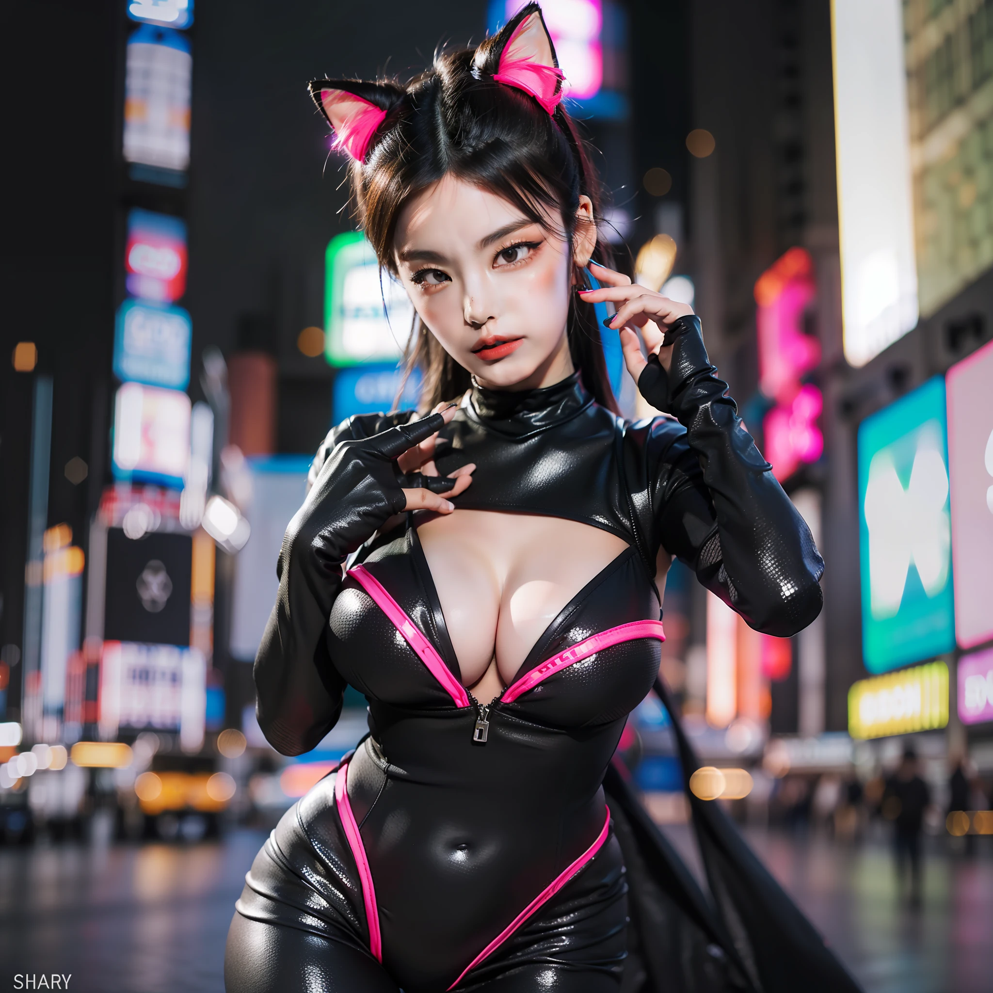 best quality, photorealistic, 8k, high res, 1girl, woman, (skindentation), gorgeous, ((neon light, time square, cityscapebackground:1.65)), straight-looking at viewer:1.8, (1girl eyes looking at viewer,  short-length straighthair,  black hair, partedhair:1.75), photorealistic, (bokeh), (smile:1.2), (closed mouth:0.56), gorgeous, pureerosface_v1, Yeji Itzy, Yeji, korean Yeji Itzy, big breast, wear cat headband, black cat headbad, wearing eye cover mask, half mask, big boobs, gigantic boobs, show cleavage, low cut clothes, show cleavage, major cleavage, cosplay cat woman, cat woman batman, black cat woman suit, skimpy, tight jumpsuit, no underwear, no undies, show thighs, thick thighs, show major thighs, voluptuous body, big ass, best proportion bodi, slender proportion body, lewd, lewd pose, photo realistic result, hyper realism style, hyper realistic detais, city light nigh background, bokeh light.