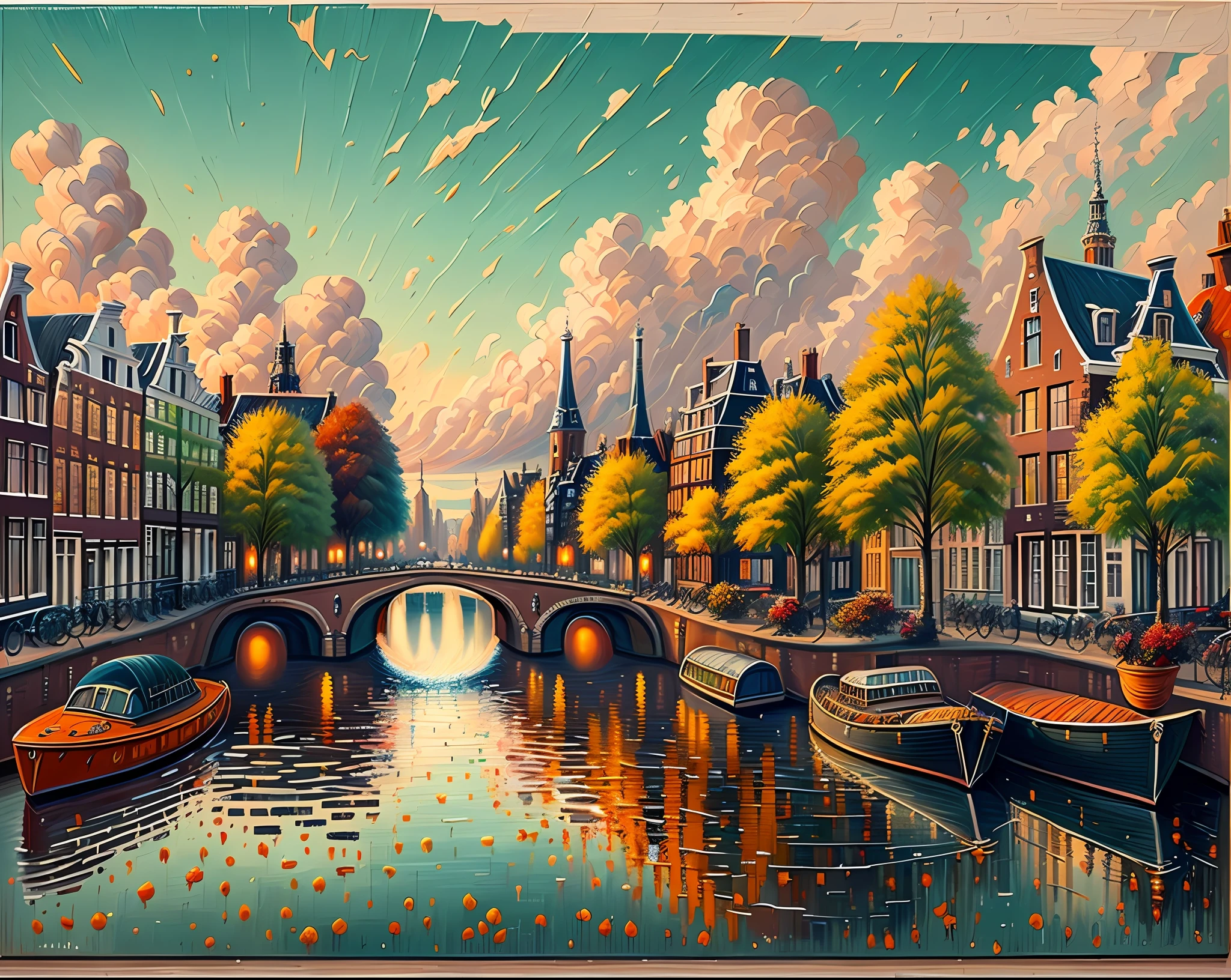 an oil painting of the city of Amsterdam with name Amsterdam written in bold below the painting, 8k --auto --s2