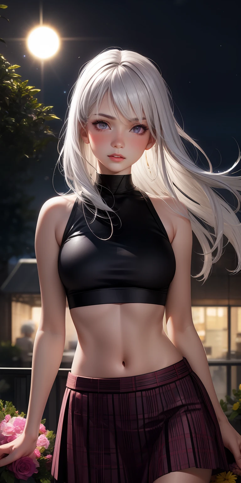 realistic, 1girl, white hair, purple eyes, glowing eyes, crop top, skirt, parted lips, blush, night, flowers, sun, sunlight,