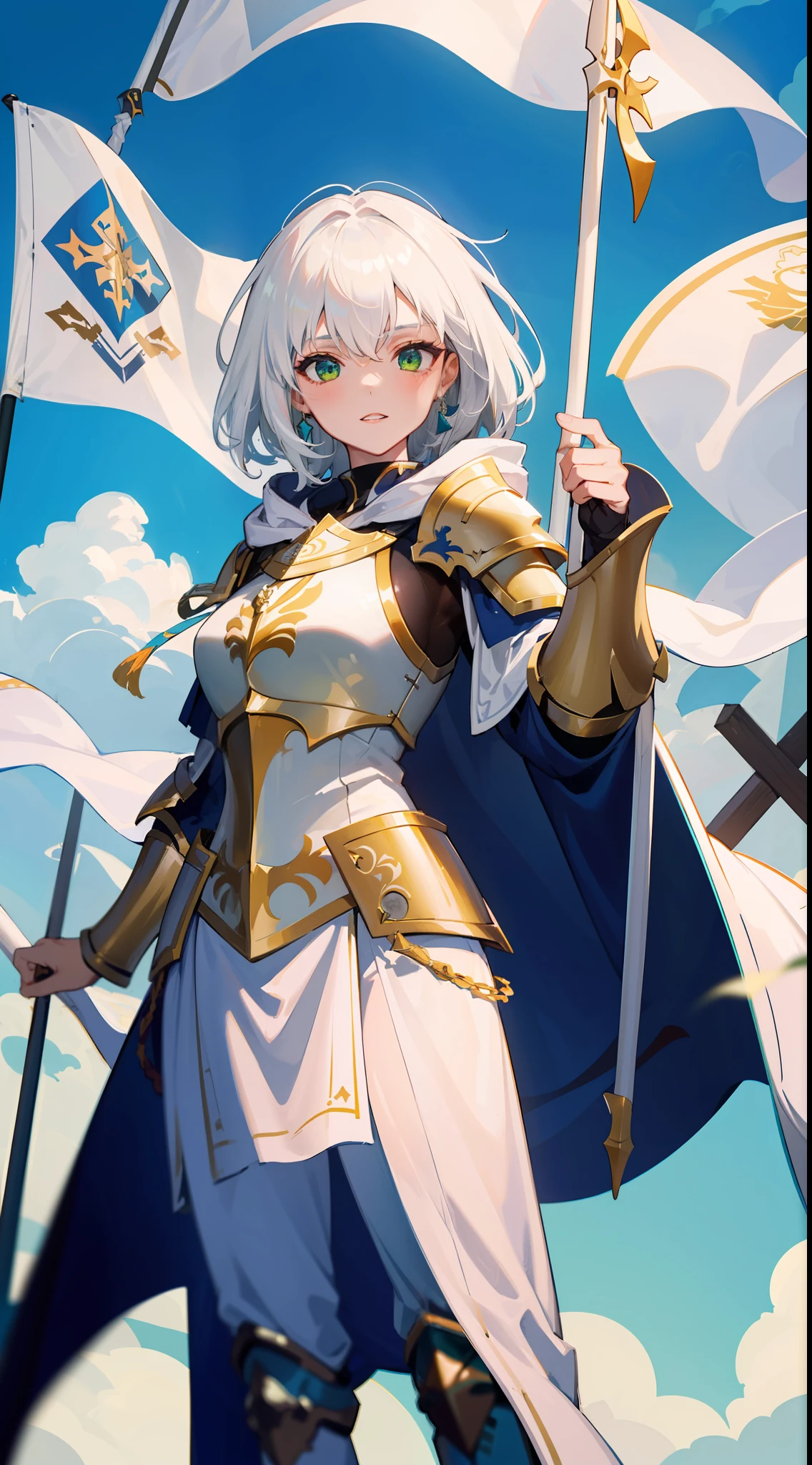1girl, sharp white hair, sharp green eyes, wearing full white armor and radiating light, paladin, 8k, holding a flag spear, wearing white robes with hood and epic white paladin super armor, wearing general robes and she is greater tanker