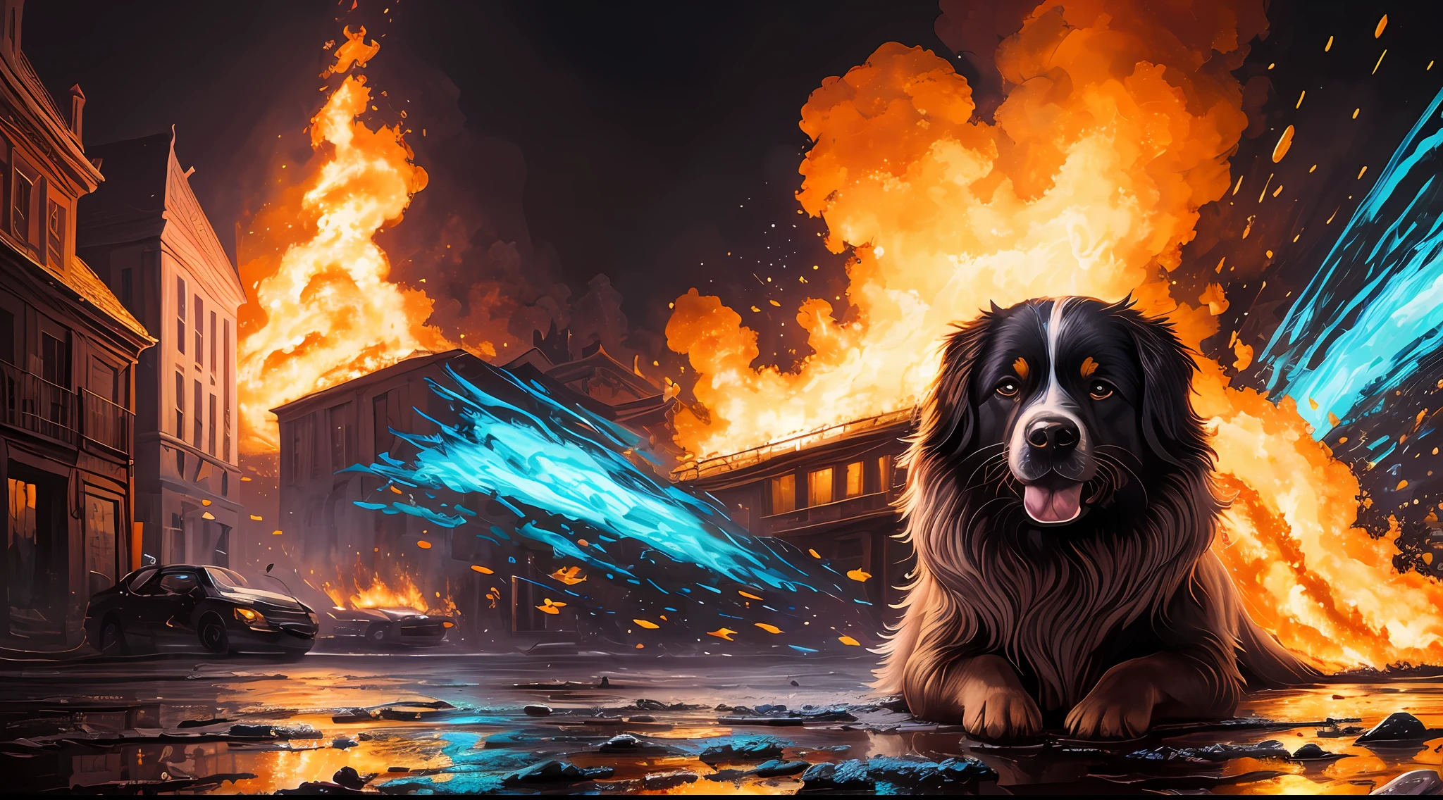extremely stressed anime dog:human, drinking coffee in a building on fire in the background, masterful playing card border, random Colorful art, oil painting, blue yellow colors, light purple and violet additions, light red additions, intricate detail, splash screen, 8k resolution, masterpiece, artstation digital painting smooth veryBlack ink flow: 8k resolution photorealistic masterpiece: intricately detailed fluid gouache painting: by Jean Baptiste Mongue: calligraphy: acrylic: watercolor art, professional photography, natural lighting, volumetric lighting maximalist photoillustration: by marton bobzert:, complex, elegant, expansive, fantastical, vibrant