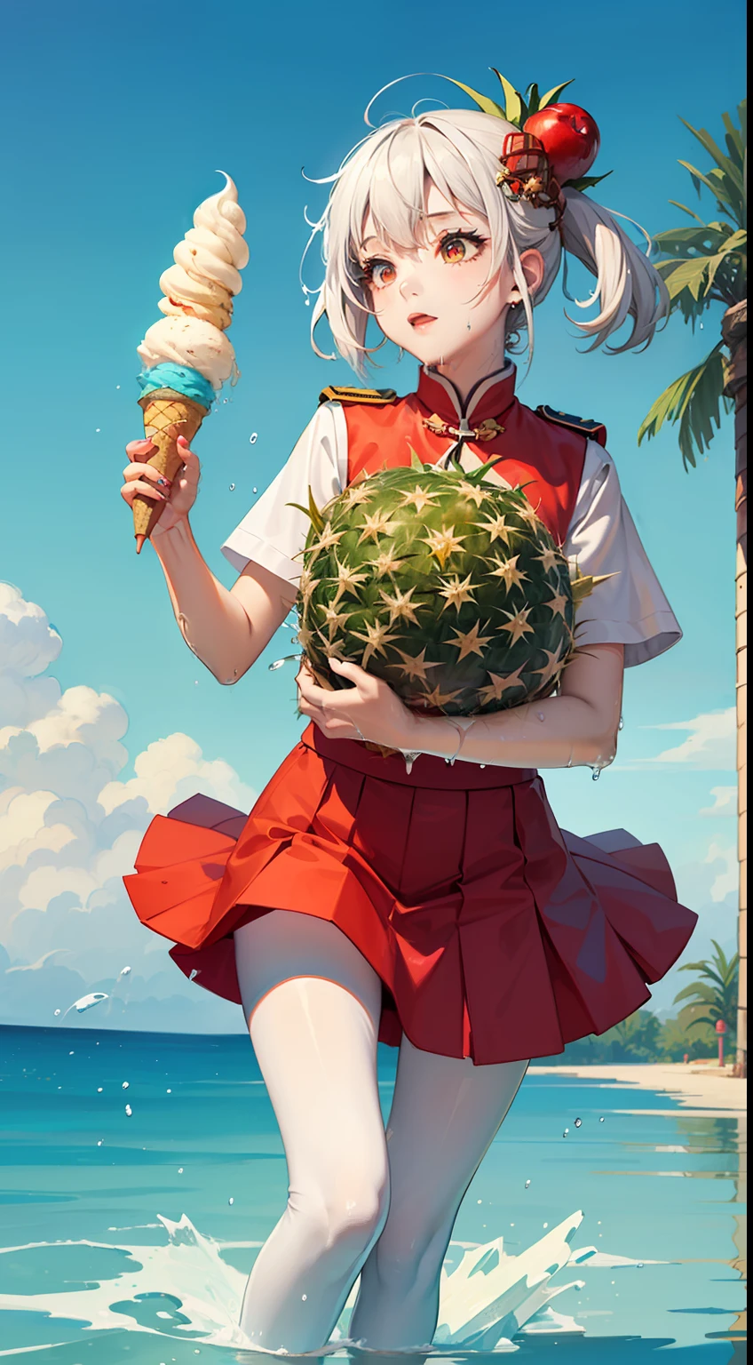 (illustration),extremely detailed,CG,unity,(sketch),(wash painting),((color splashing)),((ink splashing)),((((dyeing)))),((Chinese painting)),((colorful)),
1girl,medium shot,holding ice cream,white hair,(red eyes),((red uniform)),((red skirt)),(white pantyhose),
(ice cream:1.6),(pineapples:1.3),(watermelons:1.3),(dragon fruit:1.2),(apple:1.2),(banana:1.2),(tropical fruit:1.3),(ice:1.2),
(water splash:1.6)