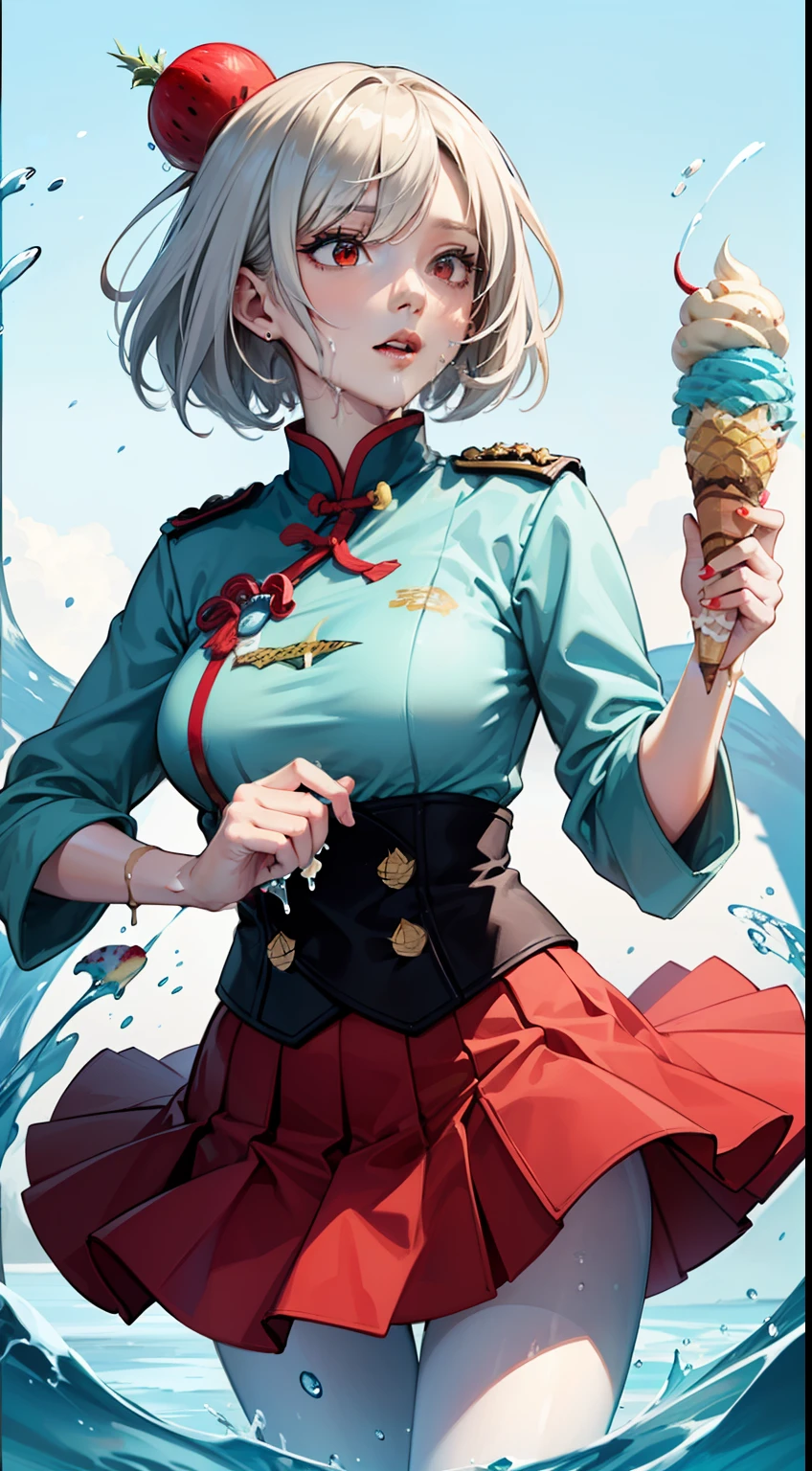 (illustration),extremely detailed,CG,unity,(sketch),(wash painting),((color splashing)),((ink splashing)),((((dyeing)))),((Chinese painting)),((colorful)),
1girl,medium shot,holding ice cream,white hair,(red eyes),((red uniform)),((red skirt)),(white pantyhose),
(ice cream:1.6),(pineapples:1.3),(watermelons:1.3),(dragon fruit:1.2),(apple:1.2),(banana:1.2),(tropical fruit:1.3),(ice:1.2),
(water splash:1.6)